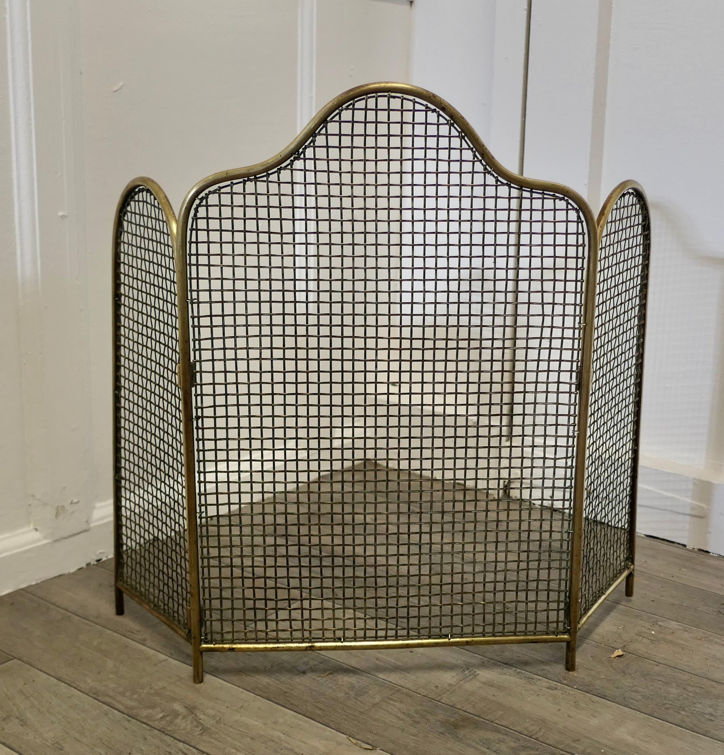 19th Century folding brass fire guard.

This is an unusual Fireguard, it has an unusual arched shape, the guard is all made in Brass, both the frame and the mesh are brass, it has the added advantage that it folds flat for storage, and when opened