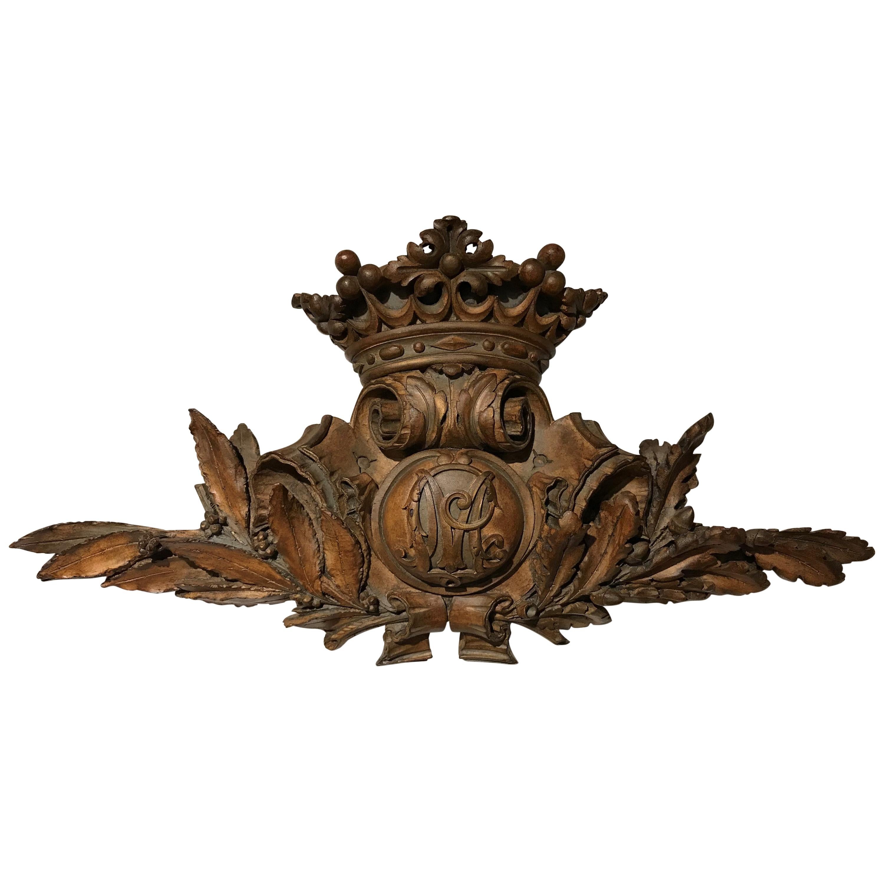 19th Century Foliate Carved Wood and Composition Crest with Crown