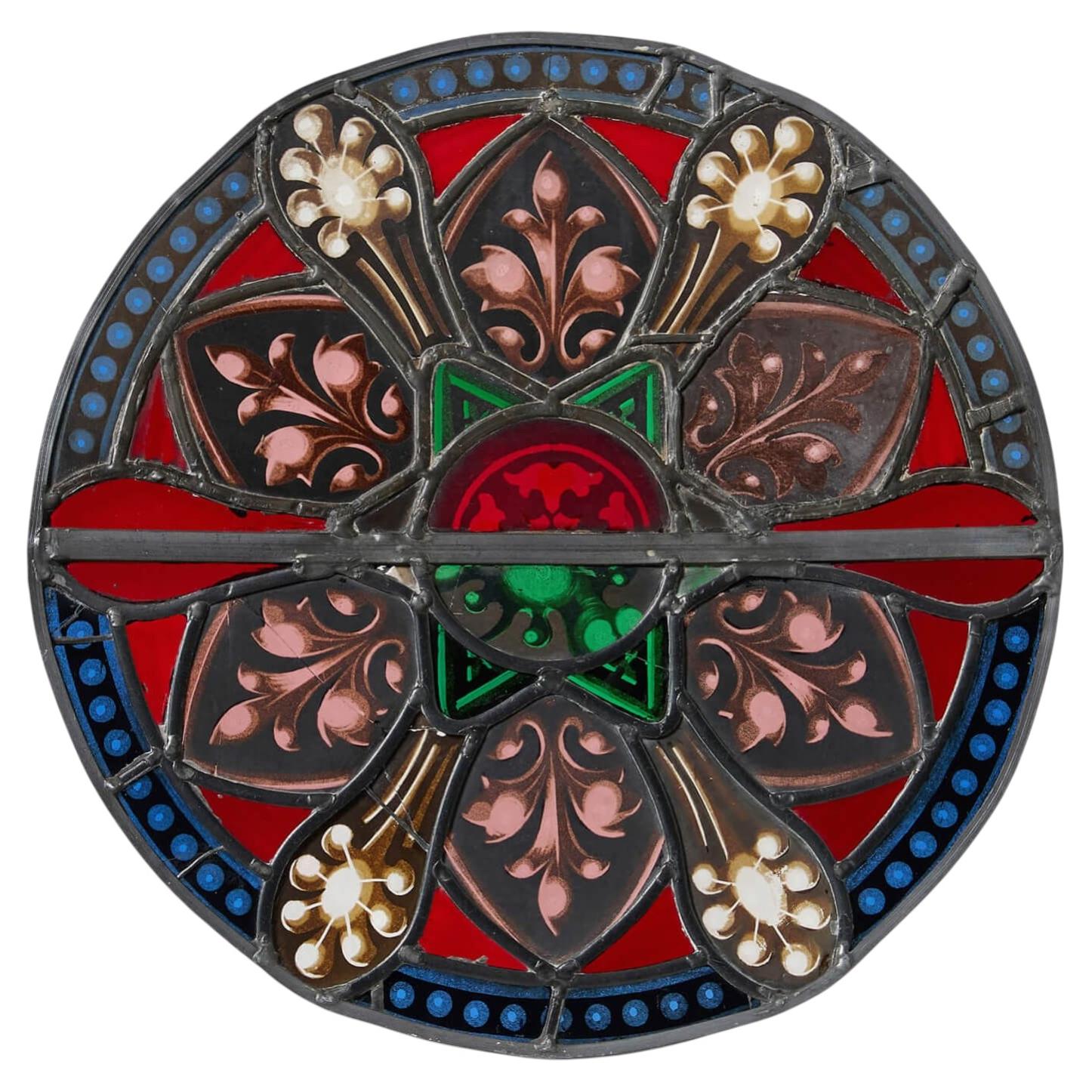 19th Century Foliate Ecclesiastical Stained Glass Roundel