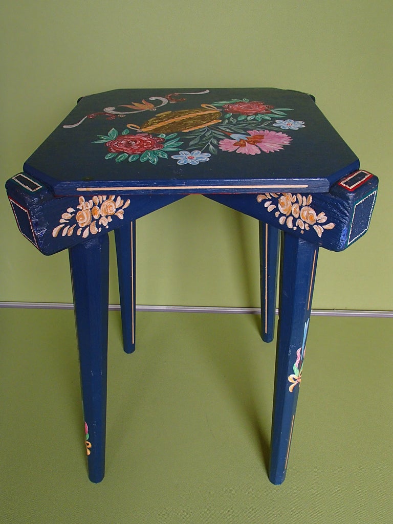 19th century folk art blue wooden stool or side table hand painted ...
