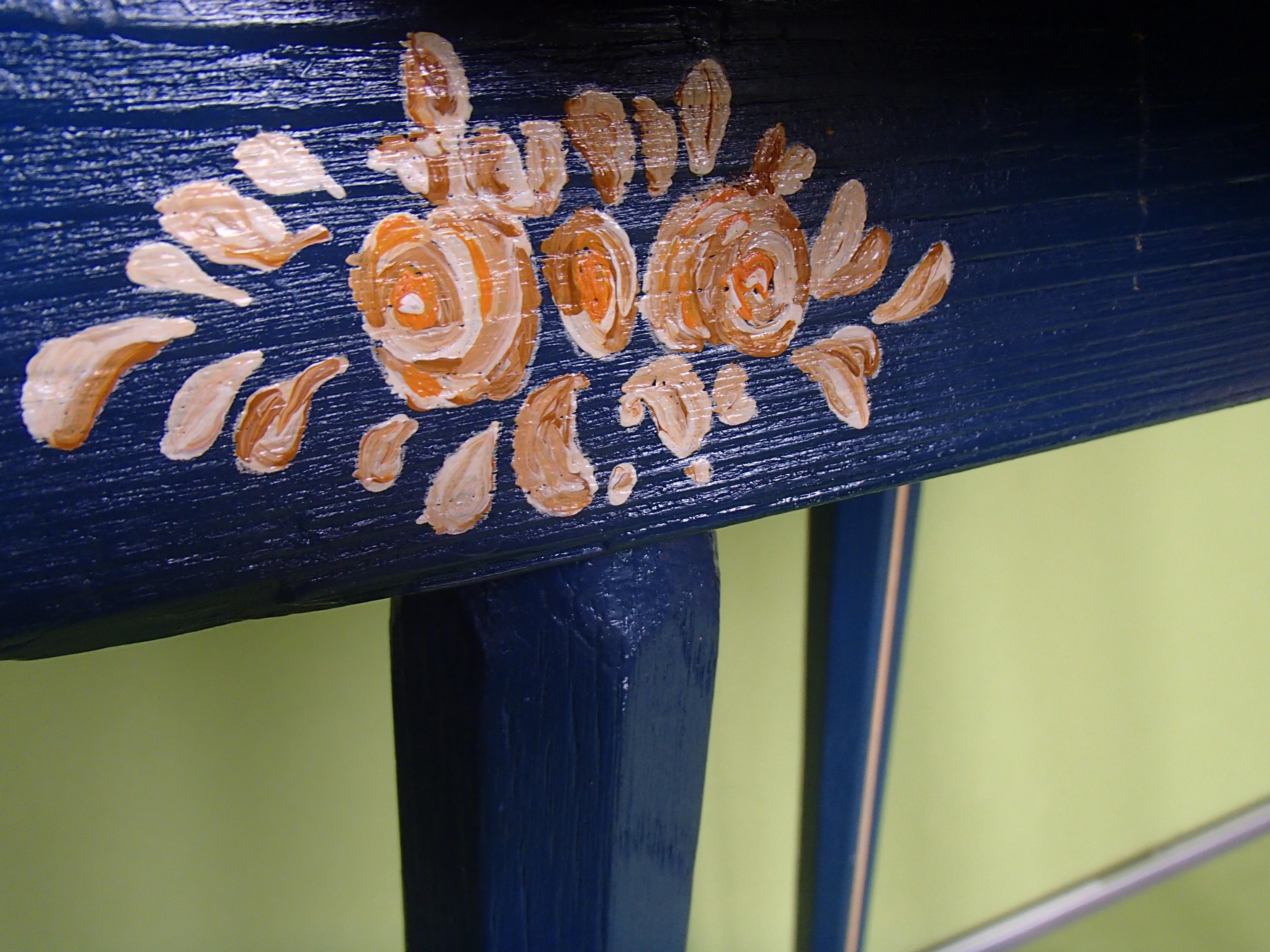 19th century folk art blue wooden stool or side table hand painted flowers For Sale 8