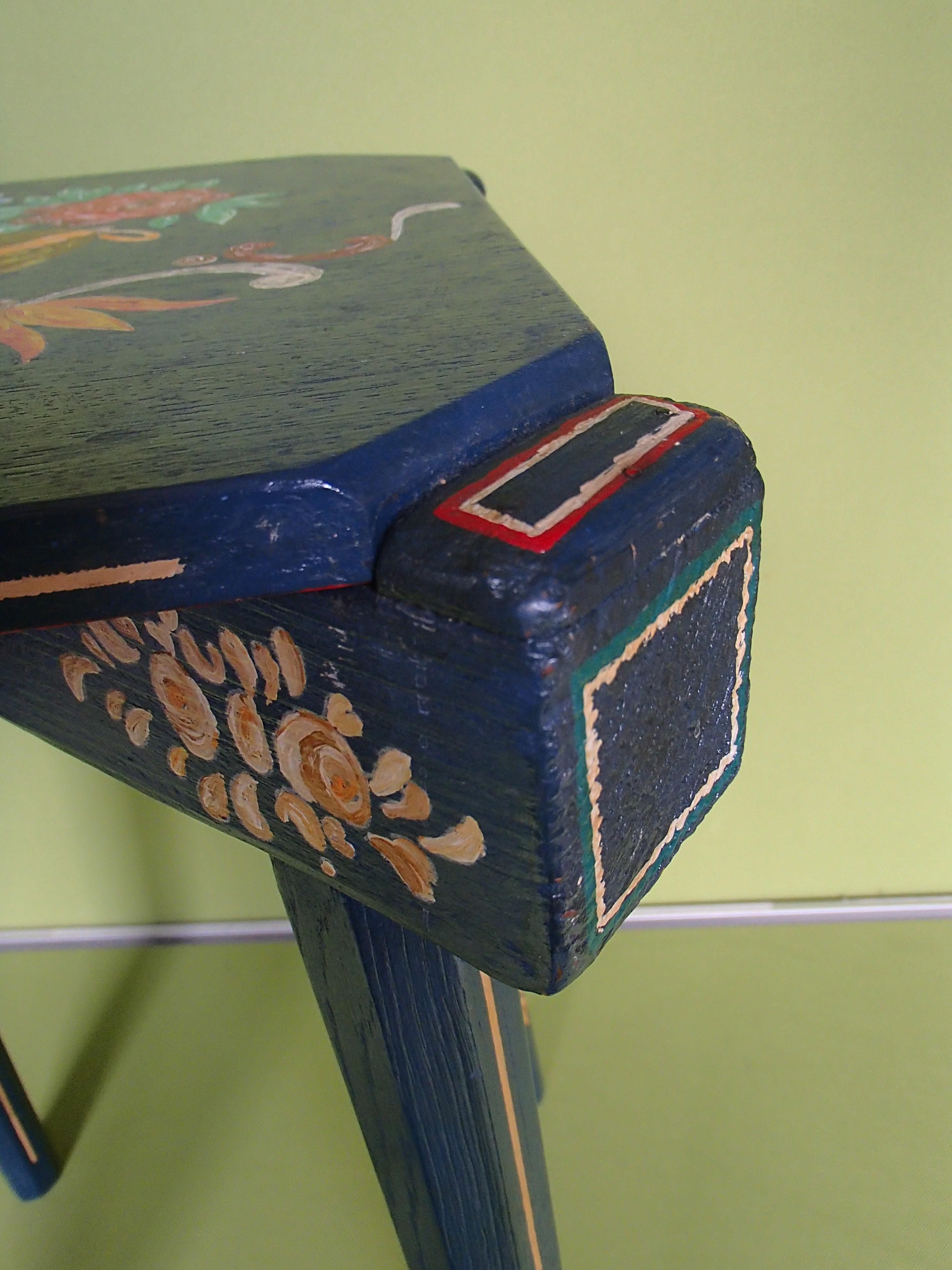 Folk Art 19th century folk art blue wooden stool or side table hand painted flowers For Sale