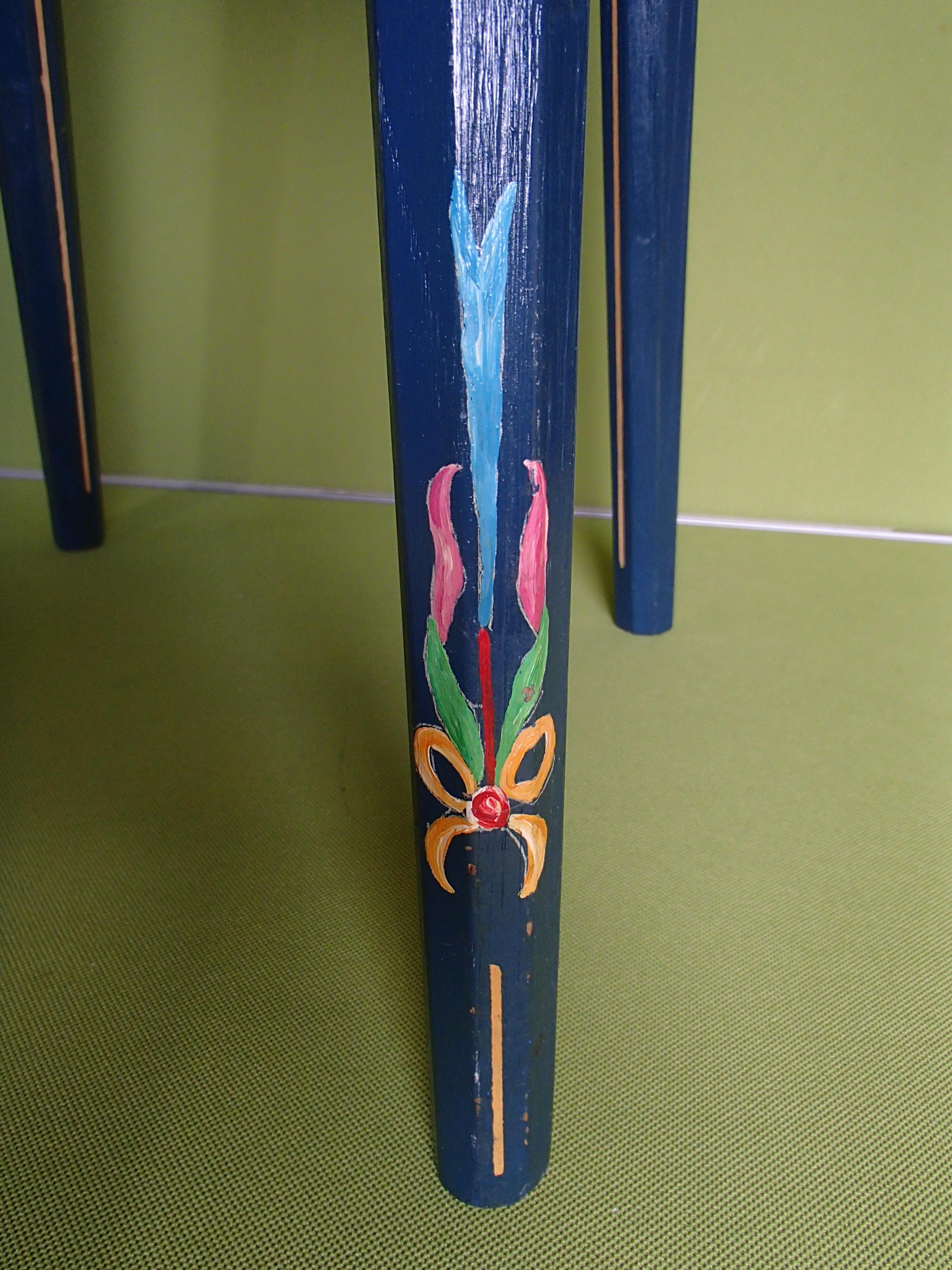 Austrian 19th century folk art blue wooden stool or side table hand painted flowers For Sale