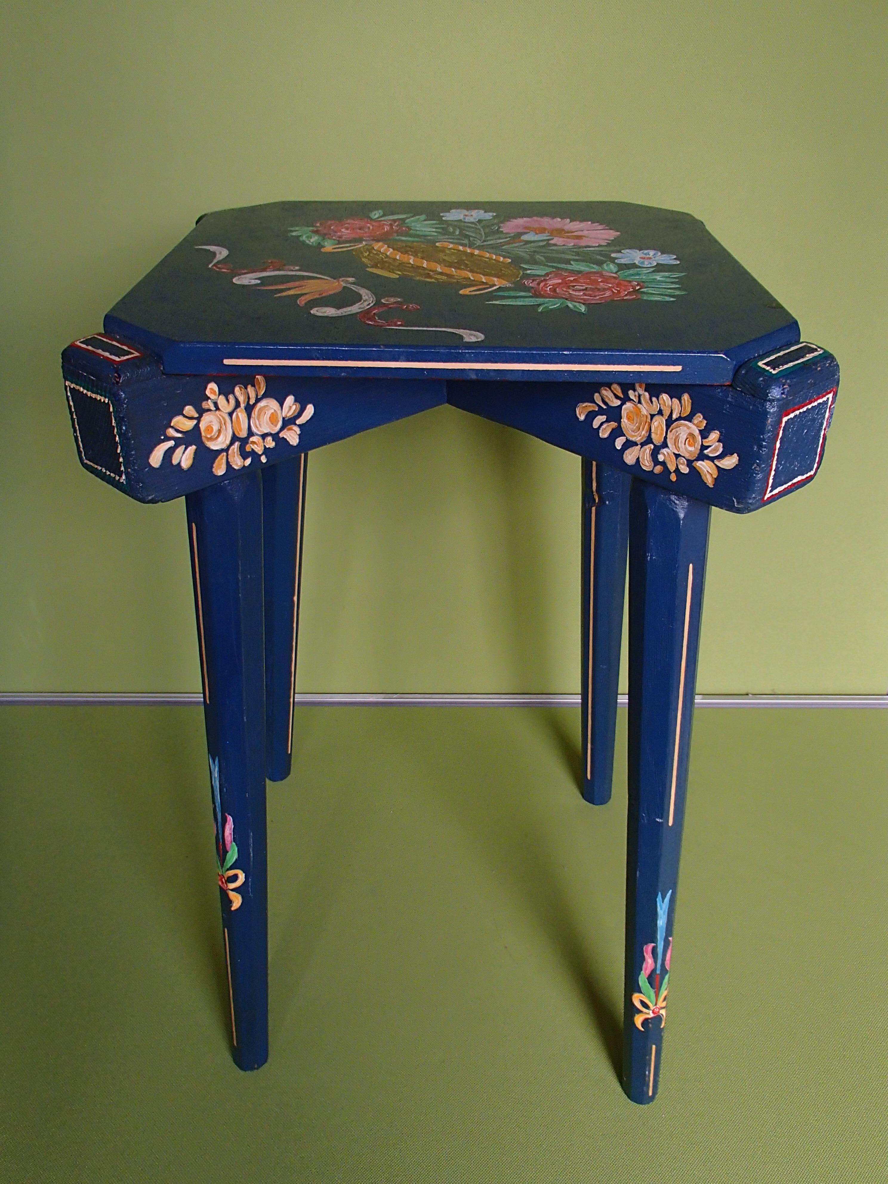 Late 19th Century 19th century folk art blue wooden stool or side table hand painted flowers For Sale