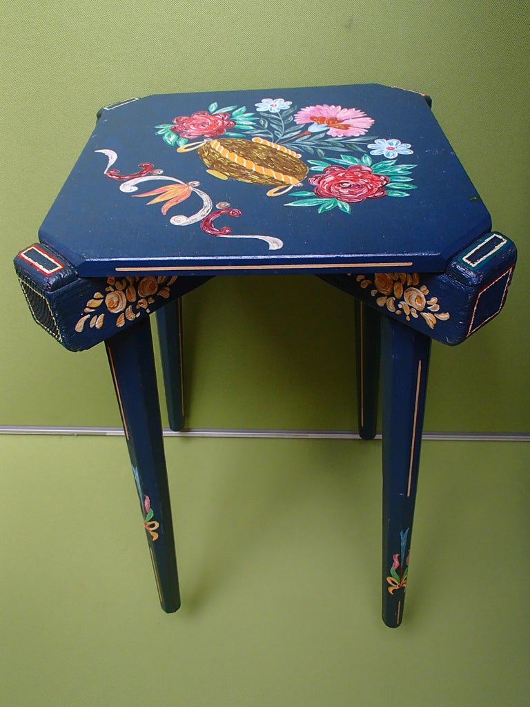 19th century folk art blue wooden stool or side table hand painted ...