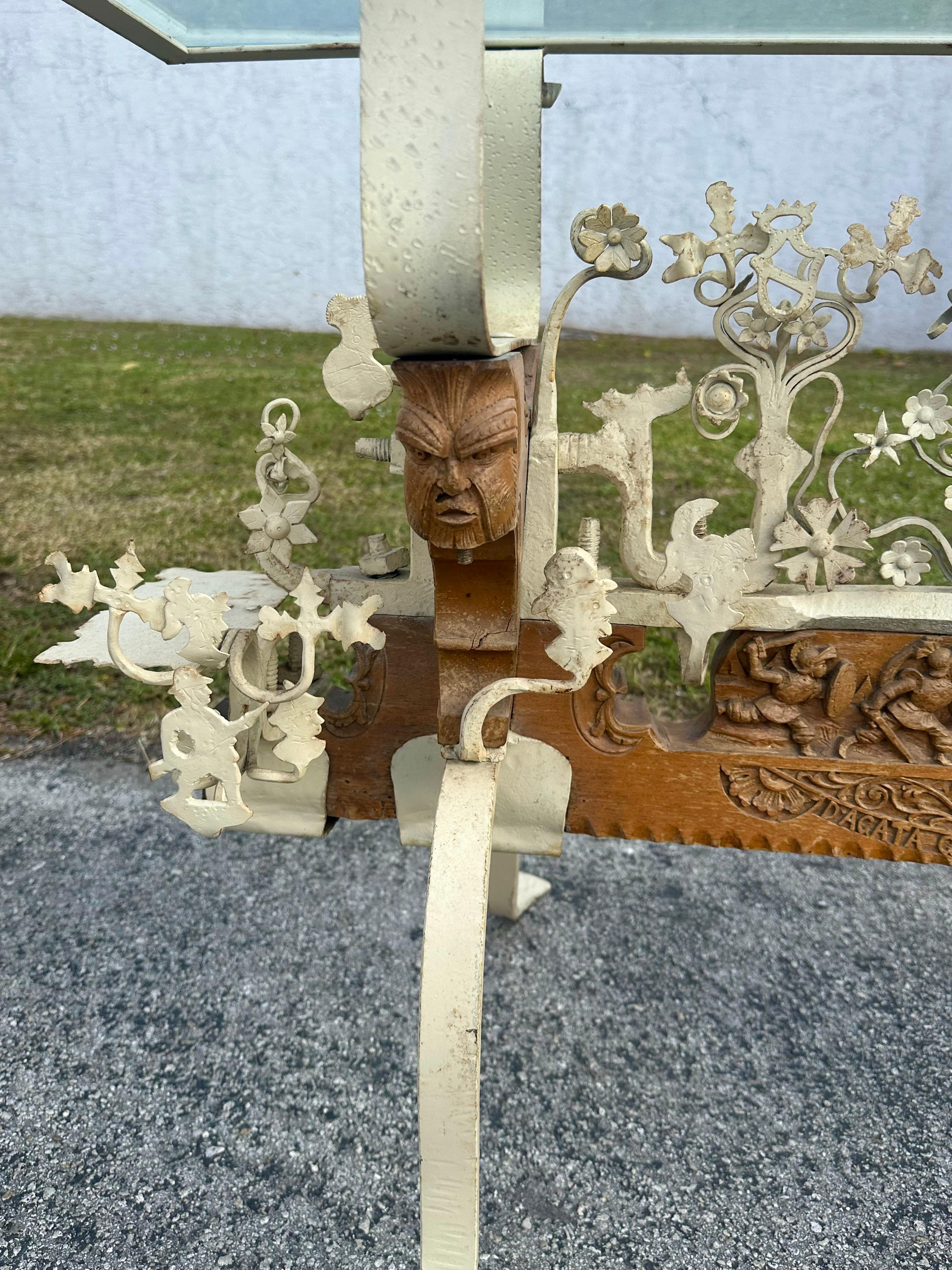 19th Century Folk Art Brutalist Highly Carved Wood Figurative Console Table For Sale 5