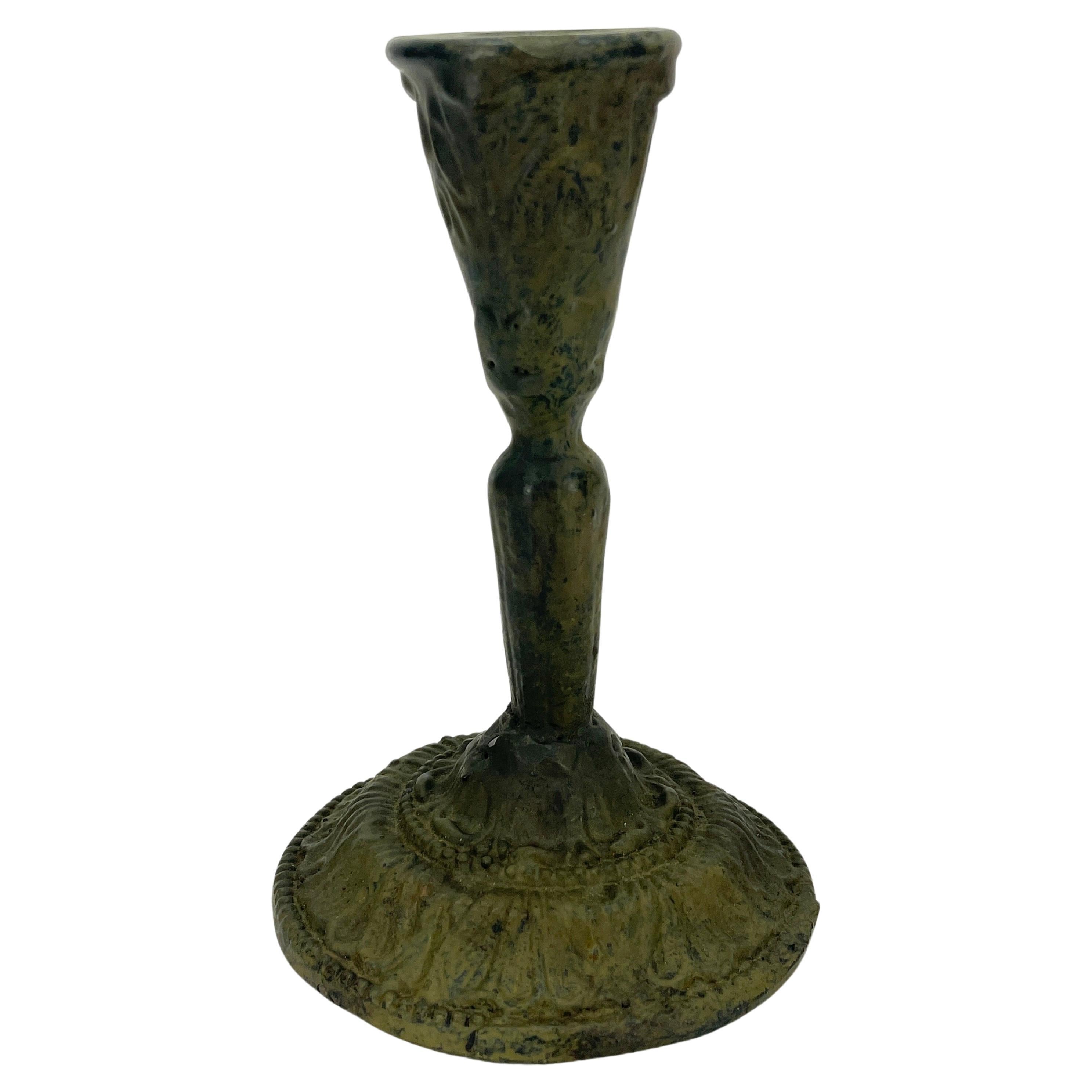 Single French Cast Iron Candlestick In The Original Green Painted Patina, 19th Century  