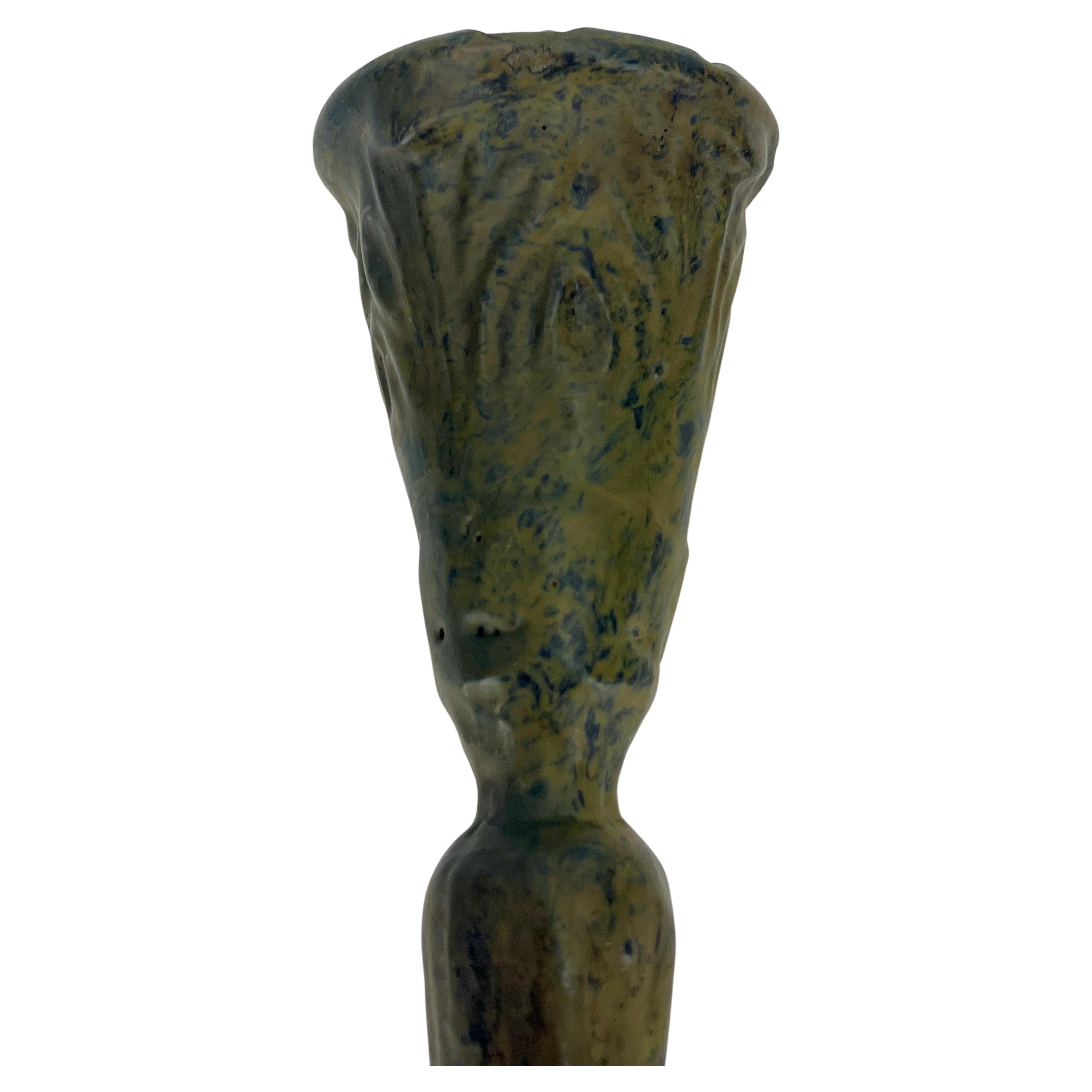 French 19th Century Folk Art Cast Iron Green Painted Candlestick For Sale