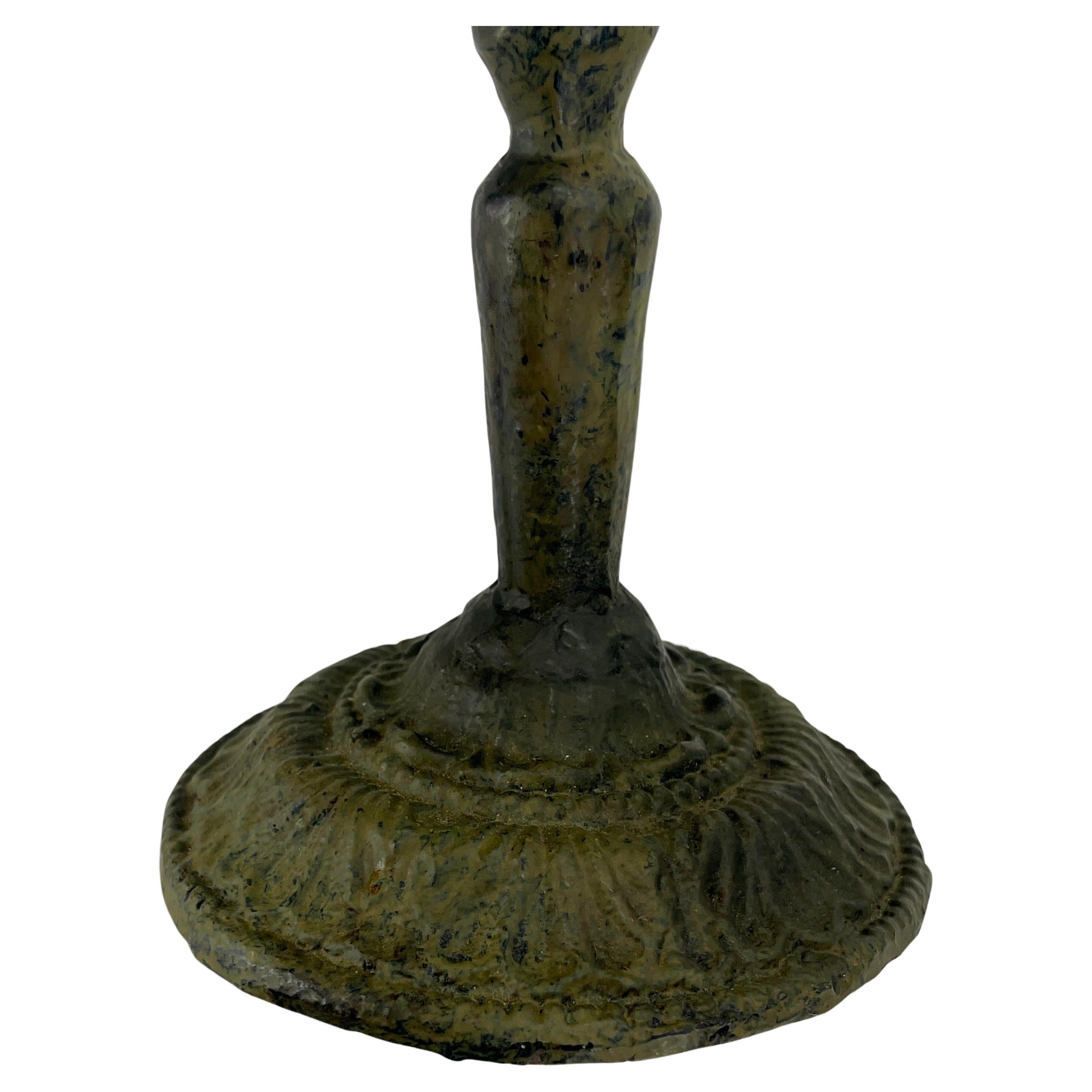 19th Century Folk Art Cast Iron Green Painted Candlestick For Sale 1