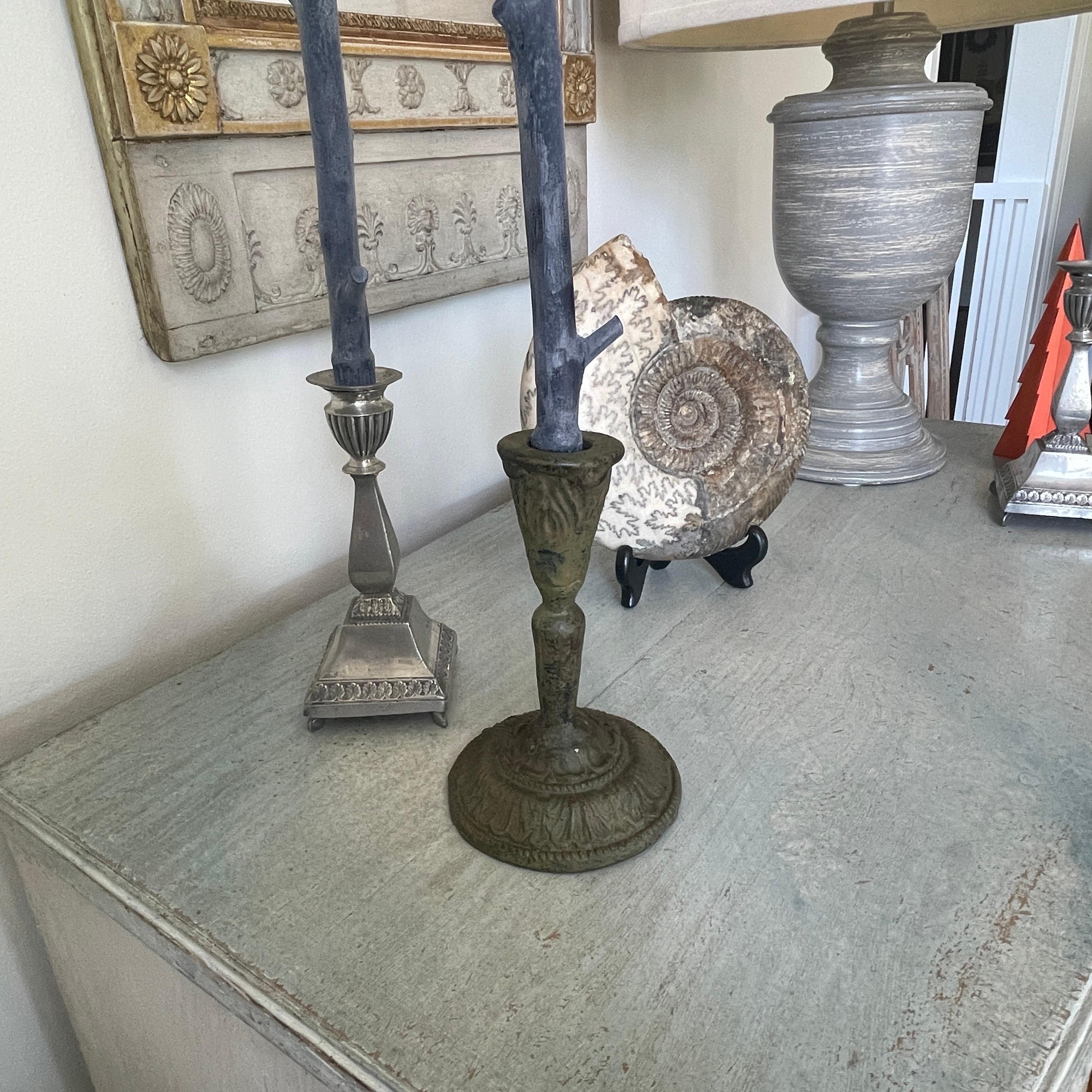 19th Century Folk Art Cast Iron Green Painted Candlestick For Sale 3