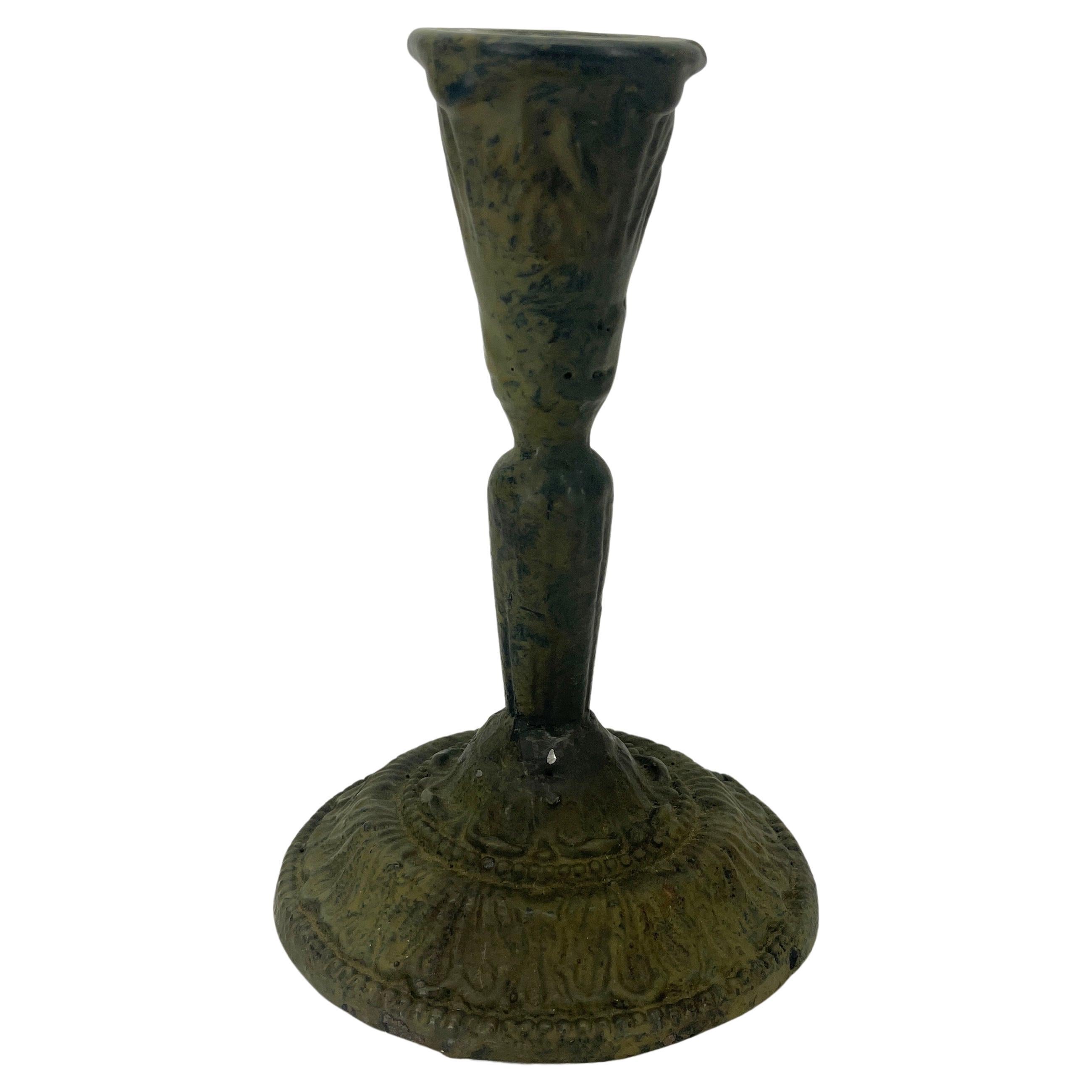 19th Century Folk Art Cast Iron Green Painted Candlestick For Sale