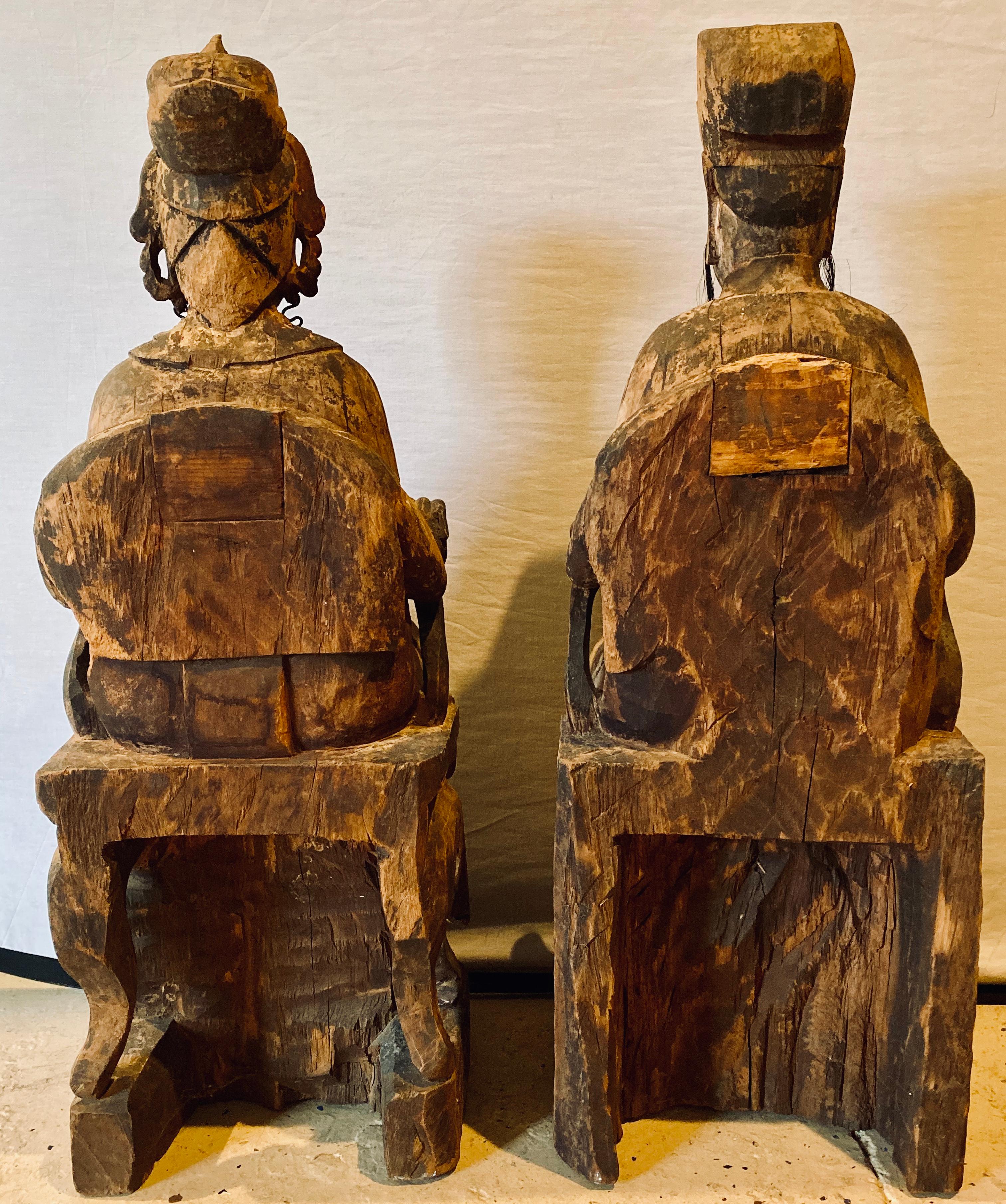 19th Century Folk Art Chinese Statues of Emperor and Empress, Solid Wood Carving 9