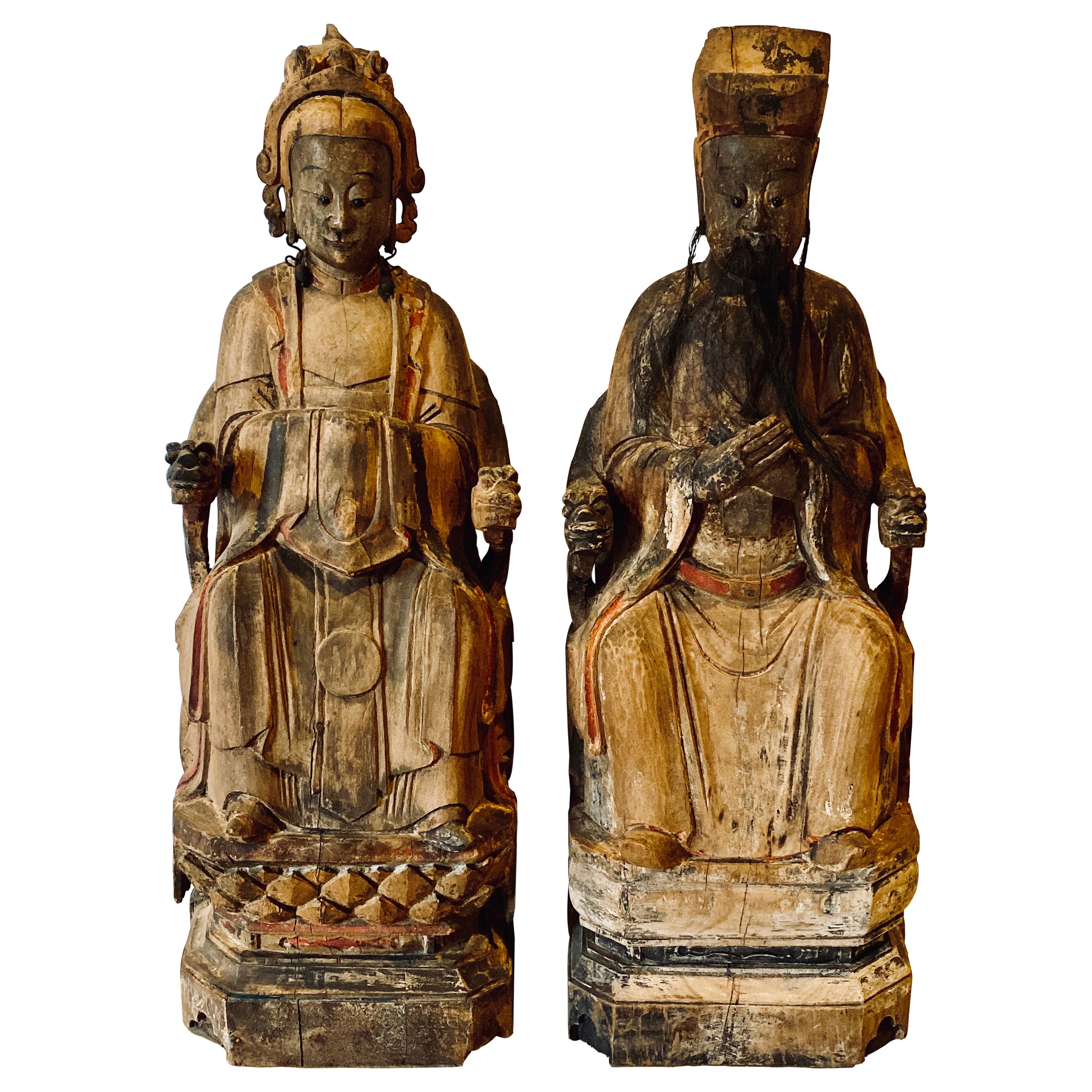 19th Century Folk Art Chinese Statues of Emperor and Empress, Solid Wood Carving