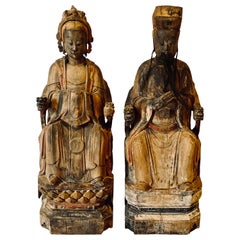 19th Century Folk Art Chinese Statues of Emperor and Empress, Solid Wood Carving