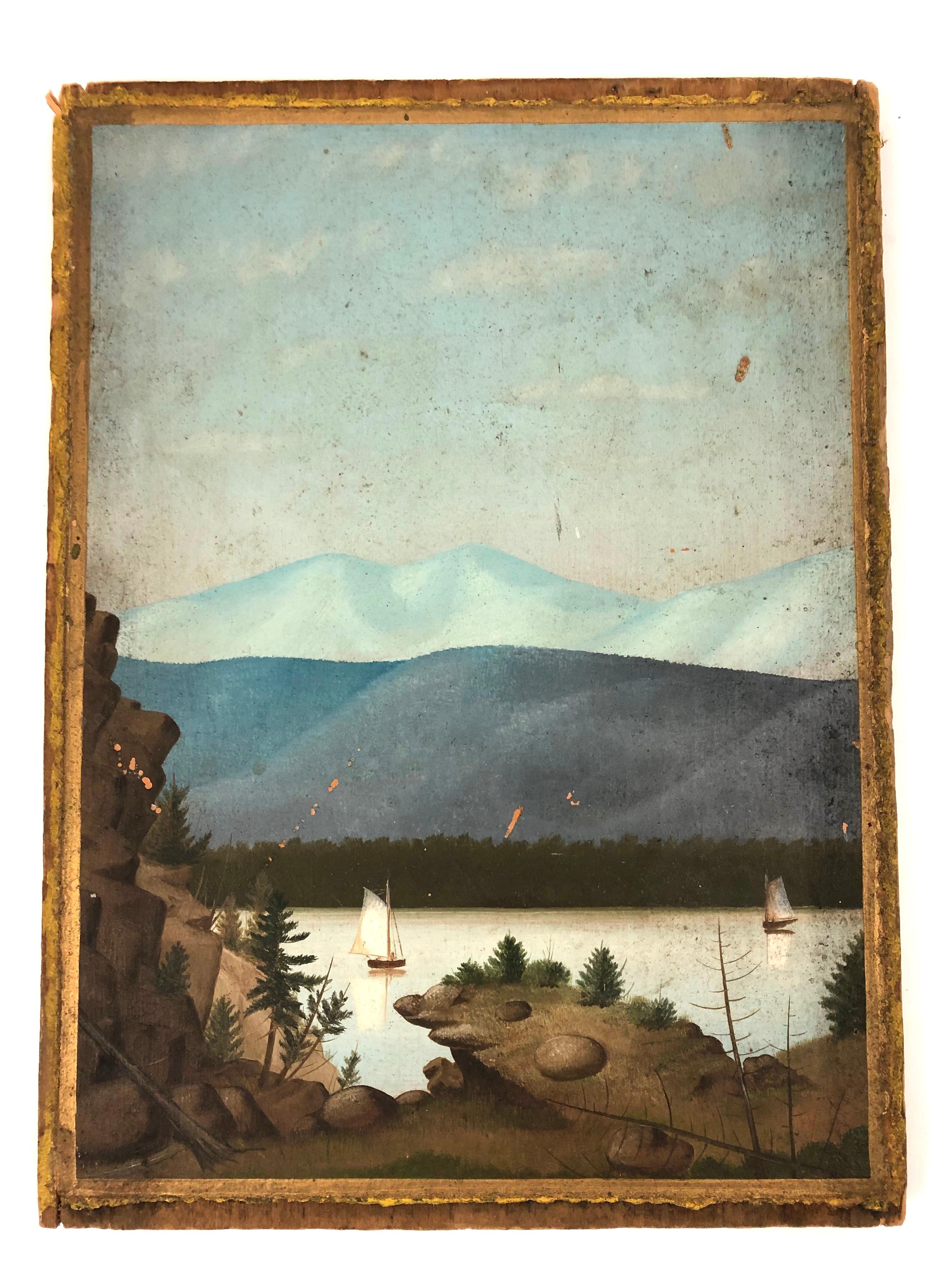 Hardwood 19th Century Folk Art Double Sided  Landscape Painting