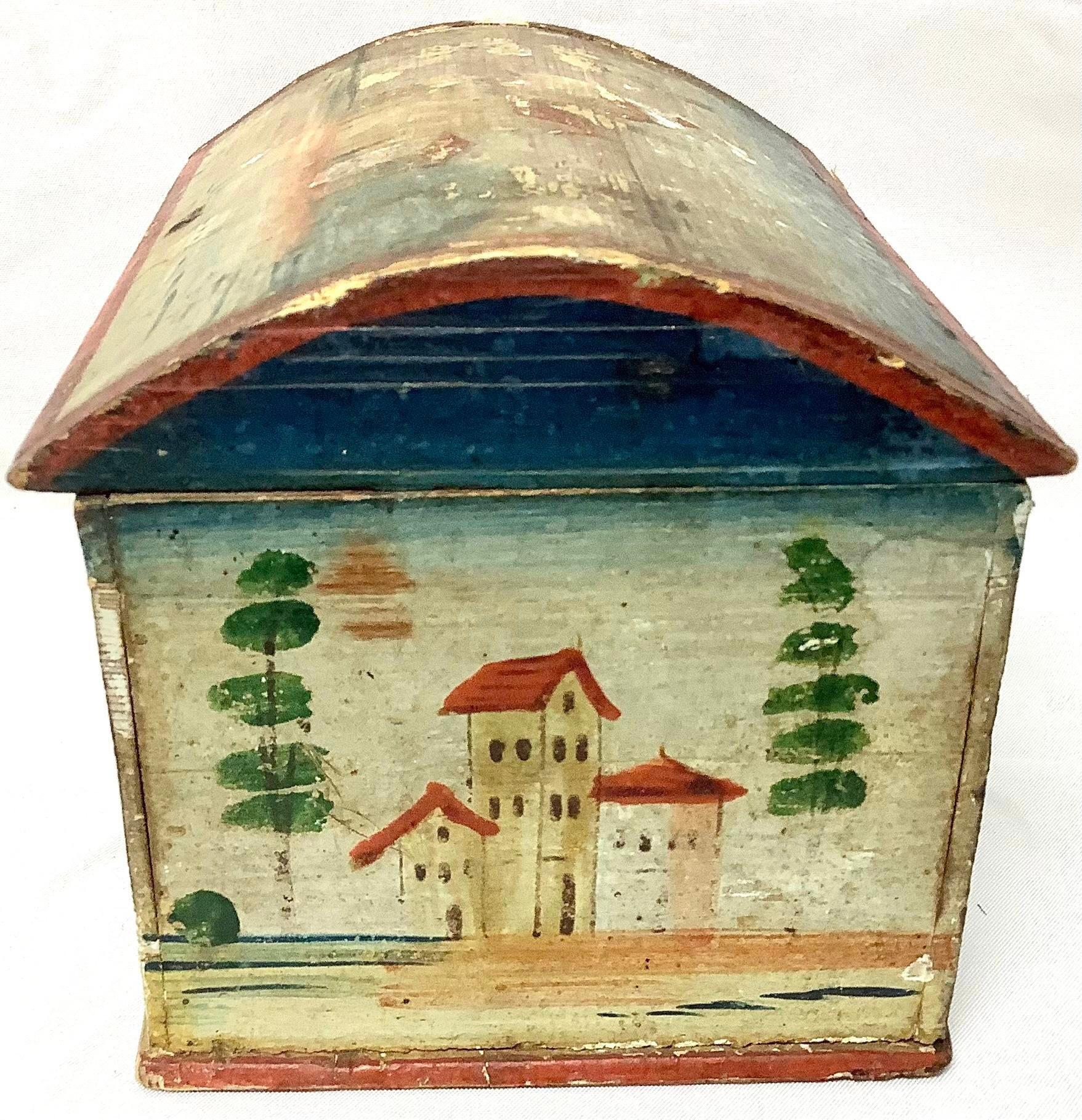 19th century European hand painted domed trinket box, folk art style.