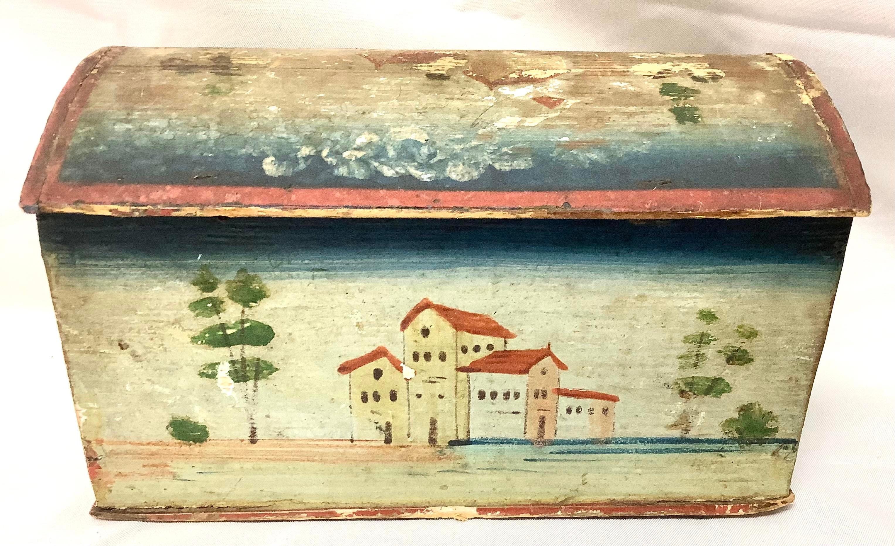 European 19th Century Folk Art Hand Painted Domed Trinket Box For Sale