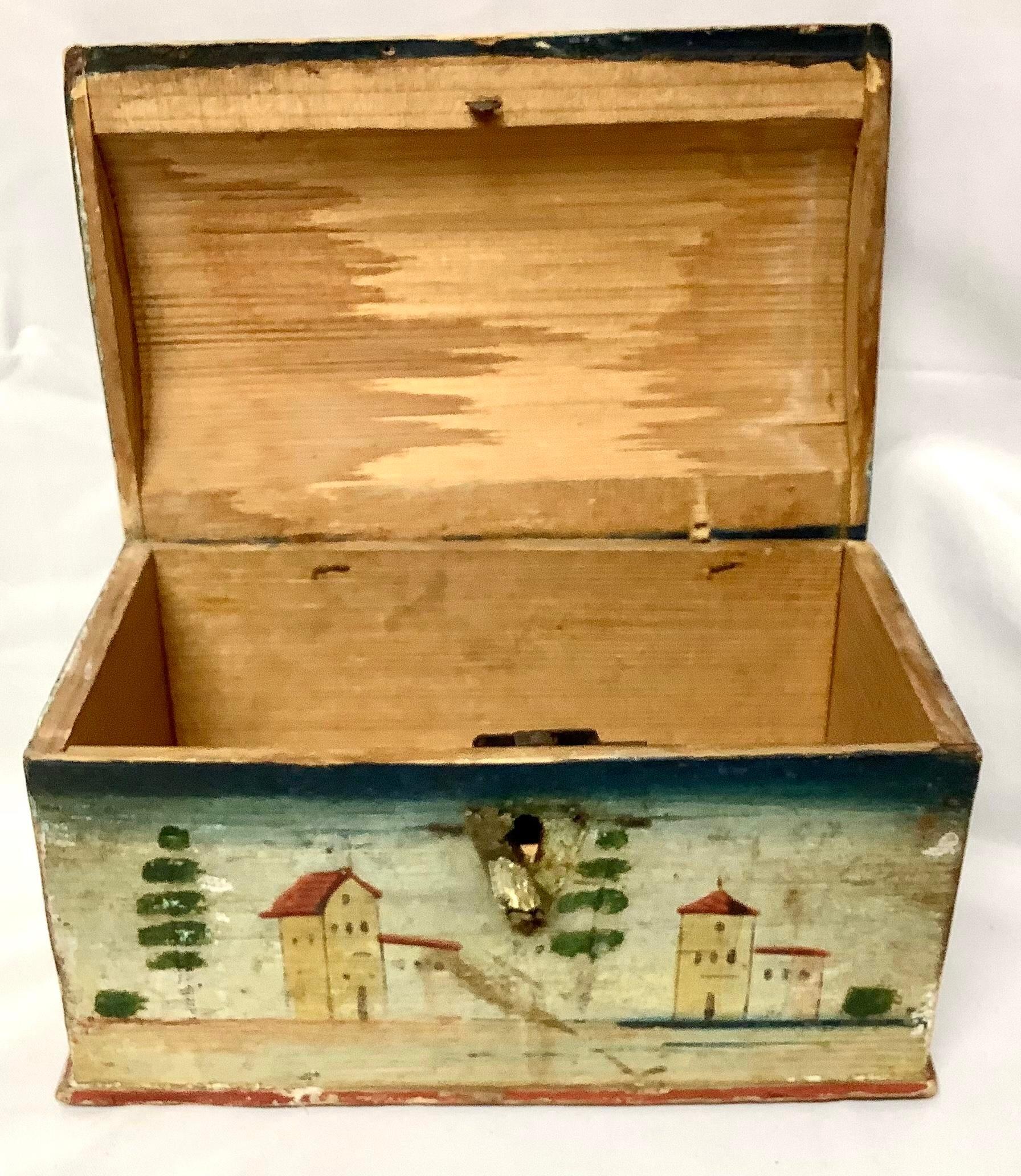 Wood 19th Century Folk Art Hand Painted Domed Trinket Box For Sale