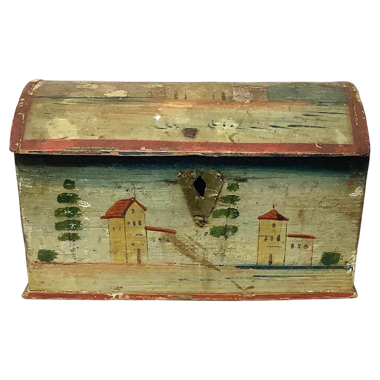 Boîte à bibelots en forme de dôme peinte à la main, art populaire du 19e siècle