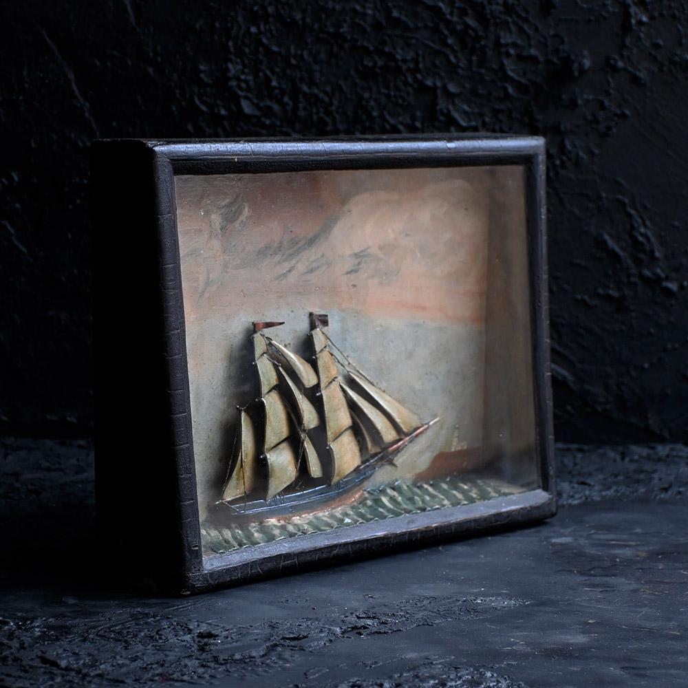 Hand-Carved 19th Century Folk Art Hand Painted Ship Diorama