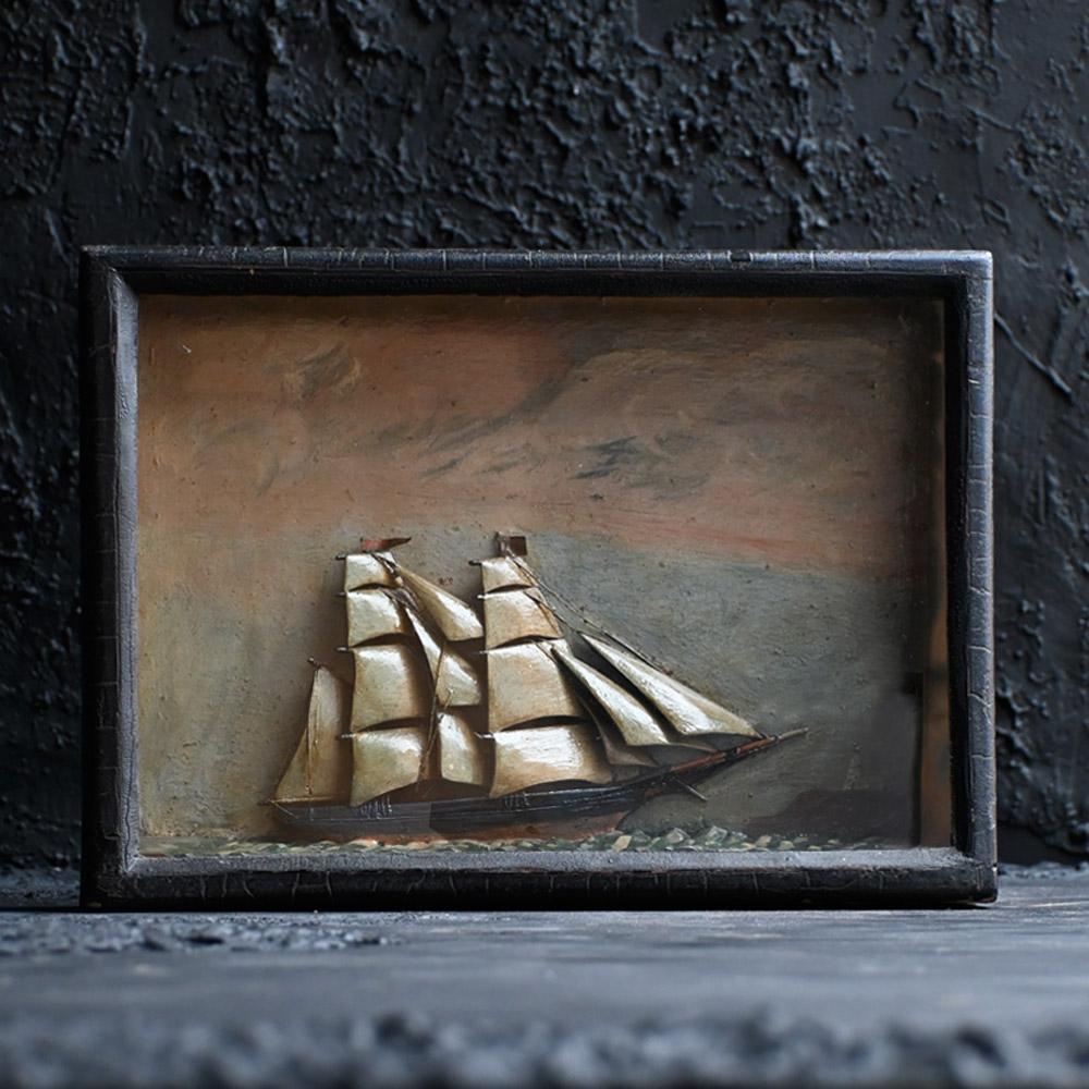 19th Century Folk Art Hand Painted Ship Diorama In Fair Condition In London, GB