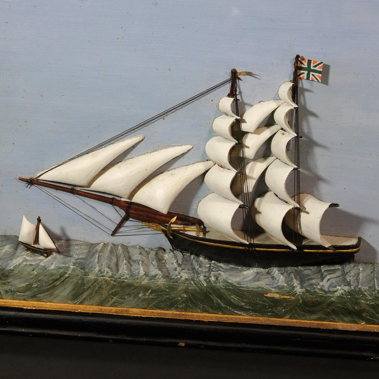 Hand-Carved 19th Century Folk Art Marine Diorama of a Full Sailed Brig, English, Original