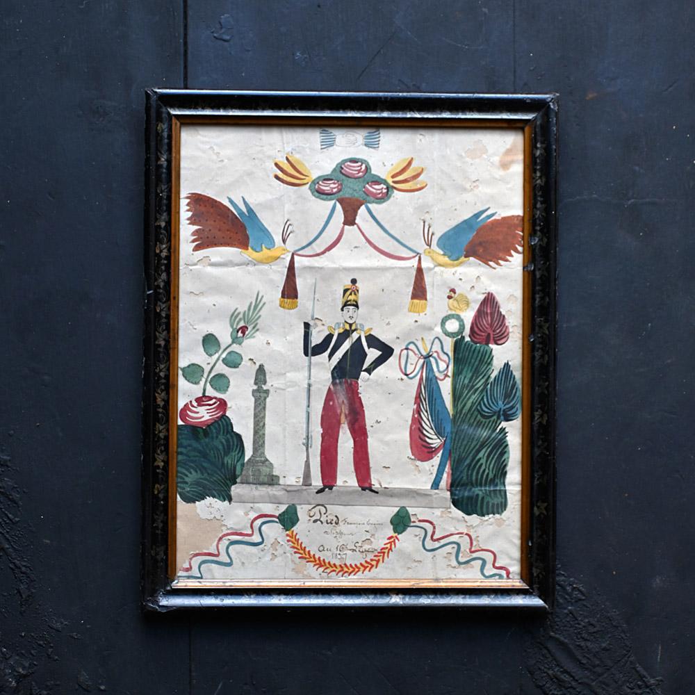 Pittura militare d'arte popolare del XIX secolo 

Pezzo del XIX secolo di arte militare francese, gouache su carta nella sua cornice originale in condizioni intatte. 

Dimensioni in pollici: H. H. x L. 9,5