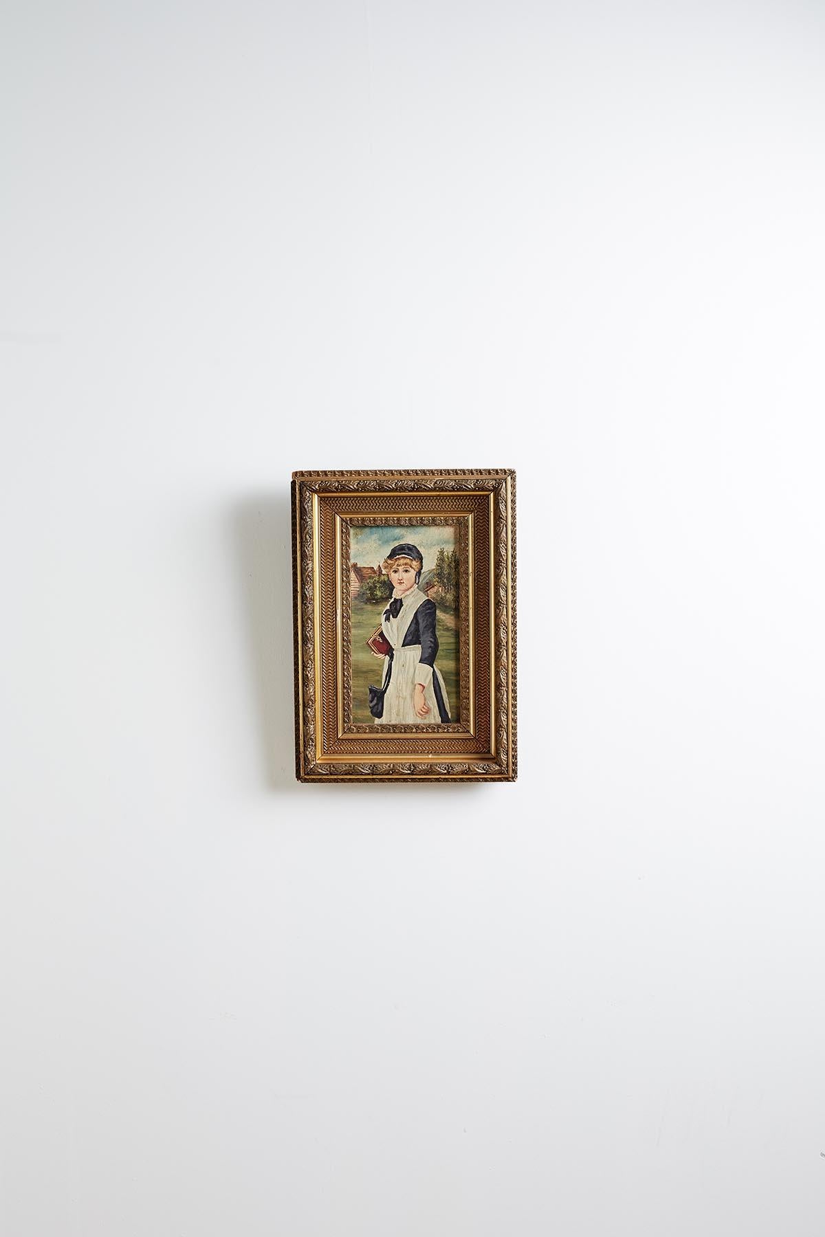 Peinture d'art populaire du XIXe siècle représentant une jeune fille en vente 9