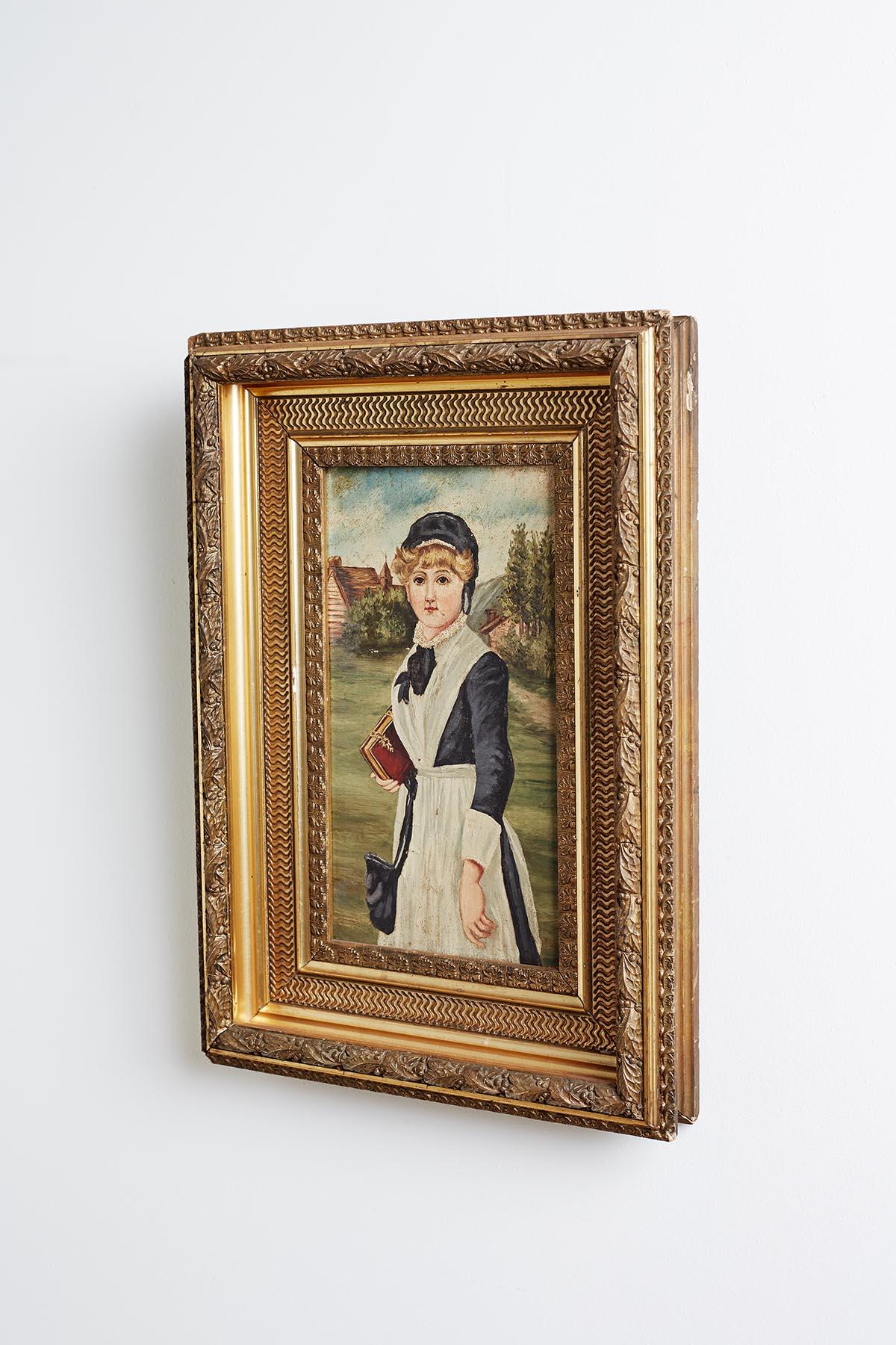 Artisanat Peinture d'art populaire du XIXe siècle représentant une jeune fille en vente