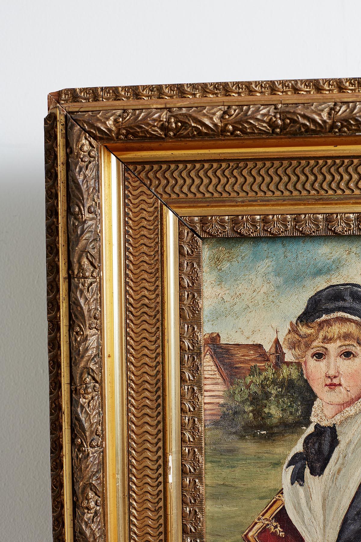 Gilt 19th Century Folk Art Painting of a Young Girl For Sale