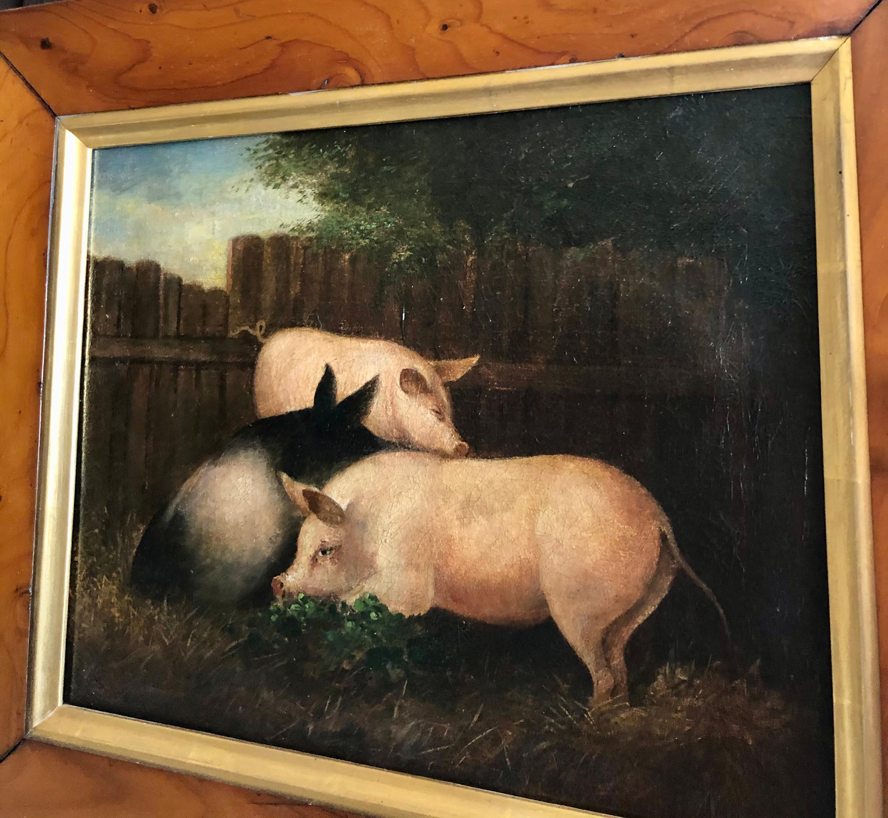 English 19th Century Folk Art Painting of Three Pigs