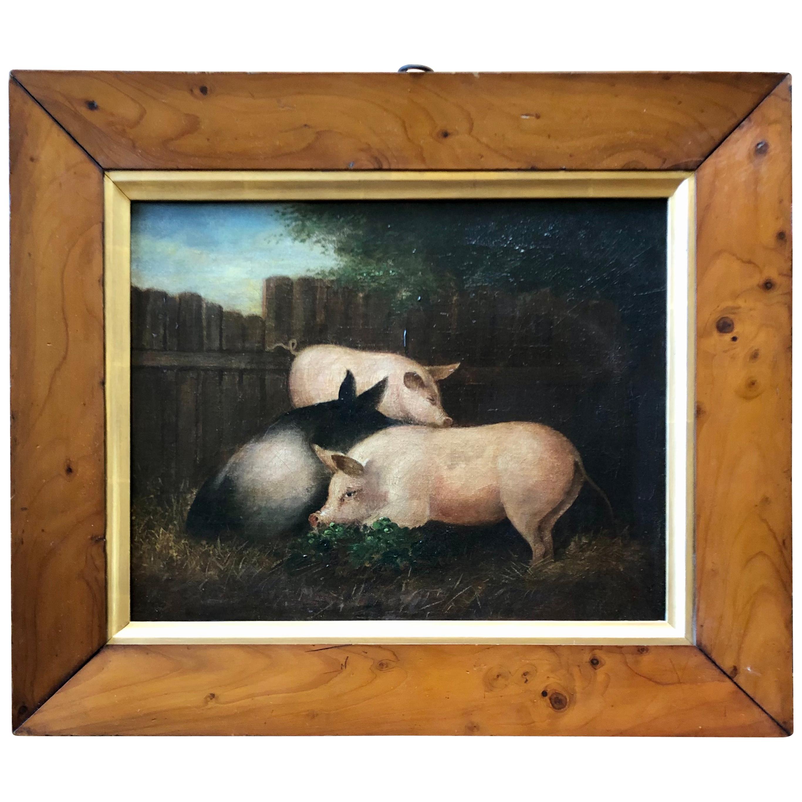19th Century Folk Art Painting of Three Pigs