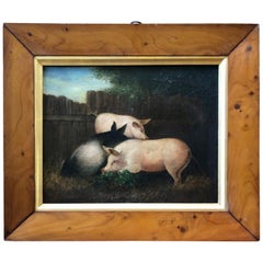 Antique 19th Century Folk Art Painting of Three Pigs