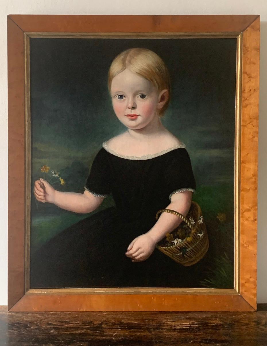 Painted 19th Century Folk Art Portrait Painting Of A Young Girl For Sale