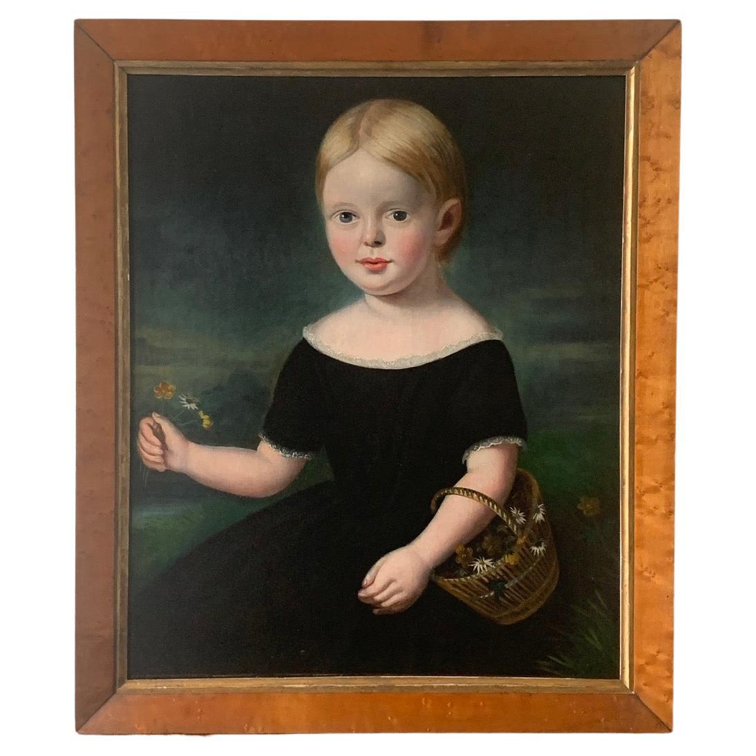 19th Century Folk Art Portrait Painting Of A Young Girl