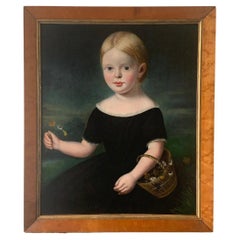 Vintage 19th Century Folk Art Portrait Painting Of A Young Girl
