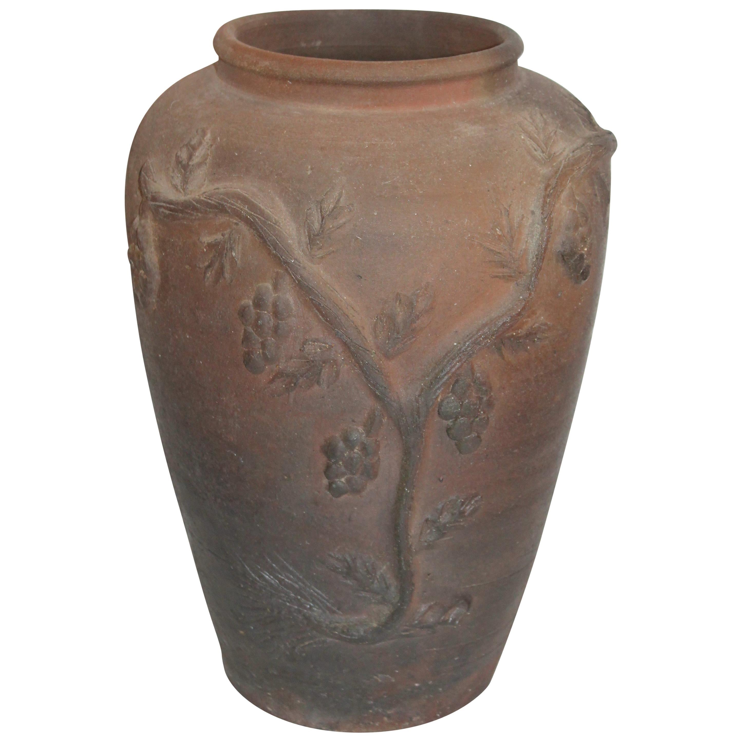 19th Century Folk Art Red Clay or Pottery Grape Vine Vase/ Signed
