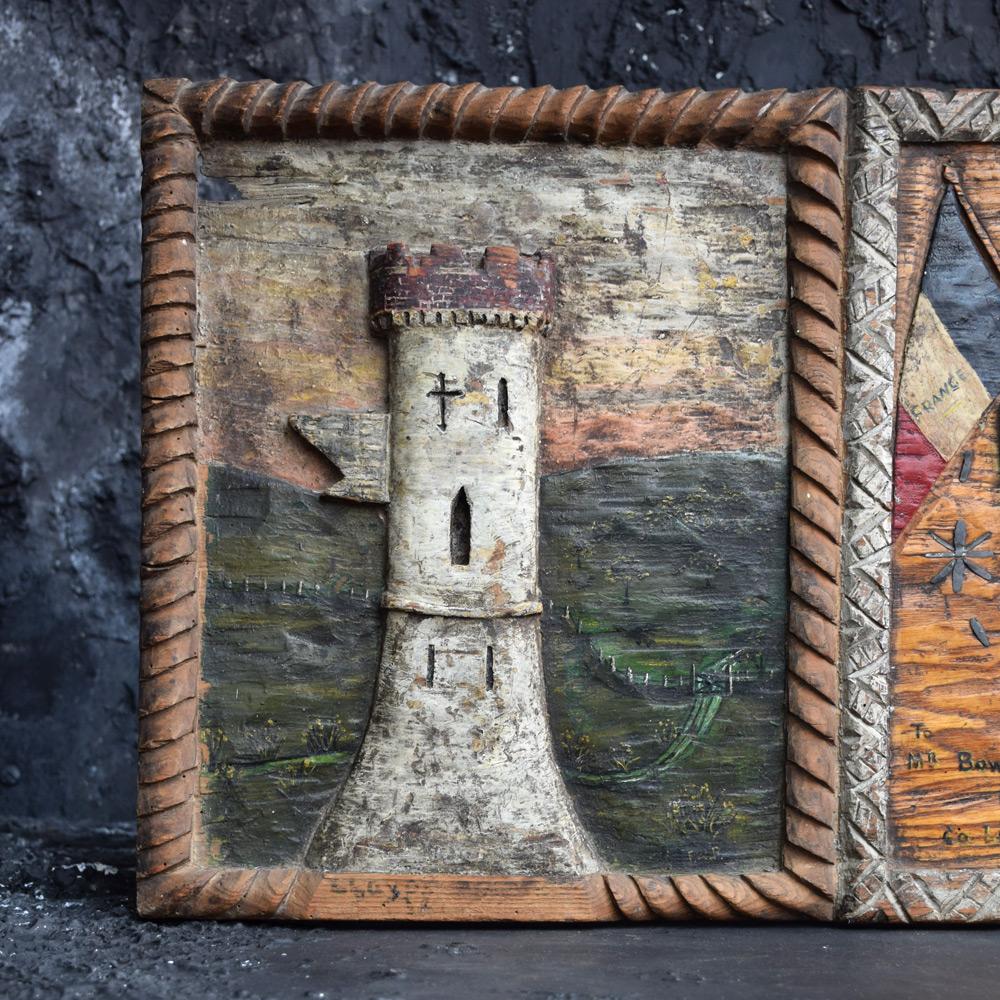 19th century Folk Art Wartime relationship commemorative plaque
We are proud to offer a rare and unique commemorative wartime relationship plaque, depicting handcrafted sections and scenes, including an old ruined castle, Irish crested plaque