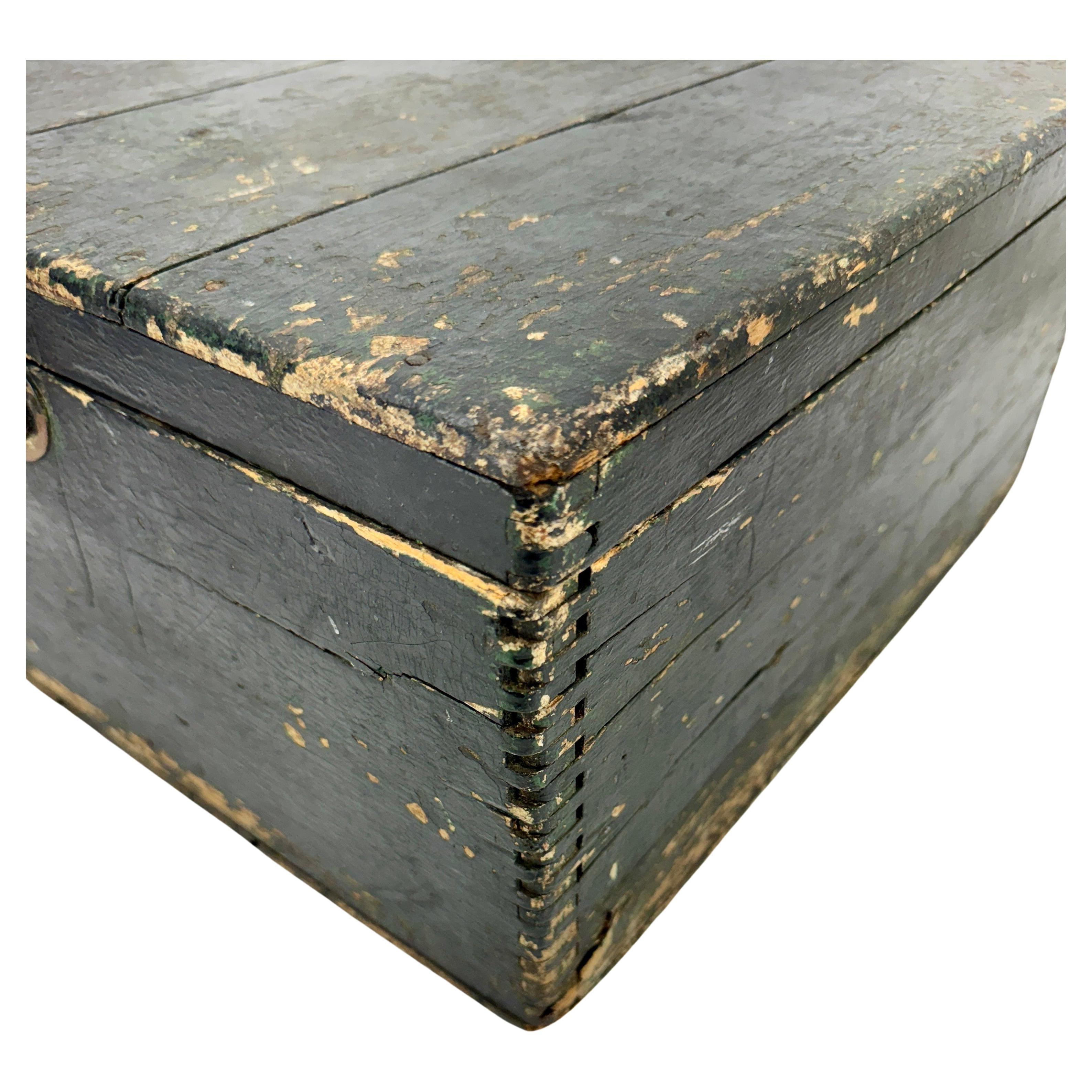 Hand-Crafted 19th Century Folk Art Wood Black Painted Box For Sale