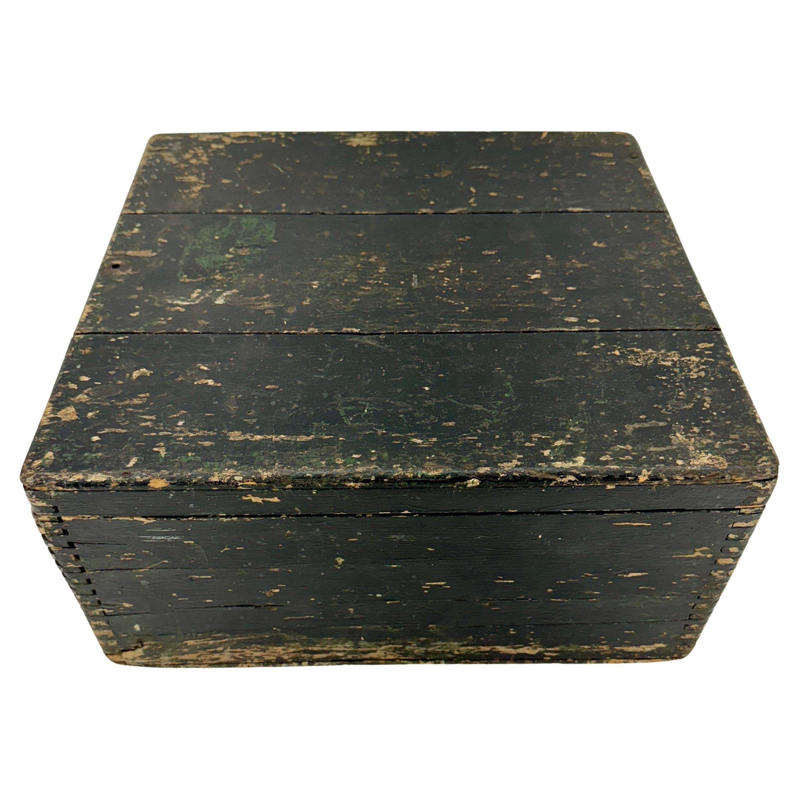 Brass 19th Century Folk Art Wood Black Painted Box For Sale