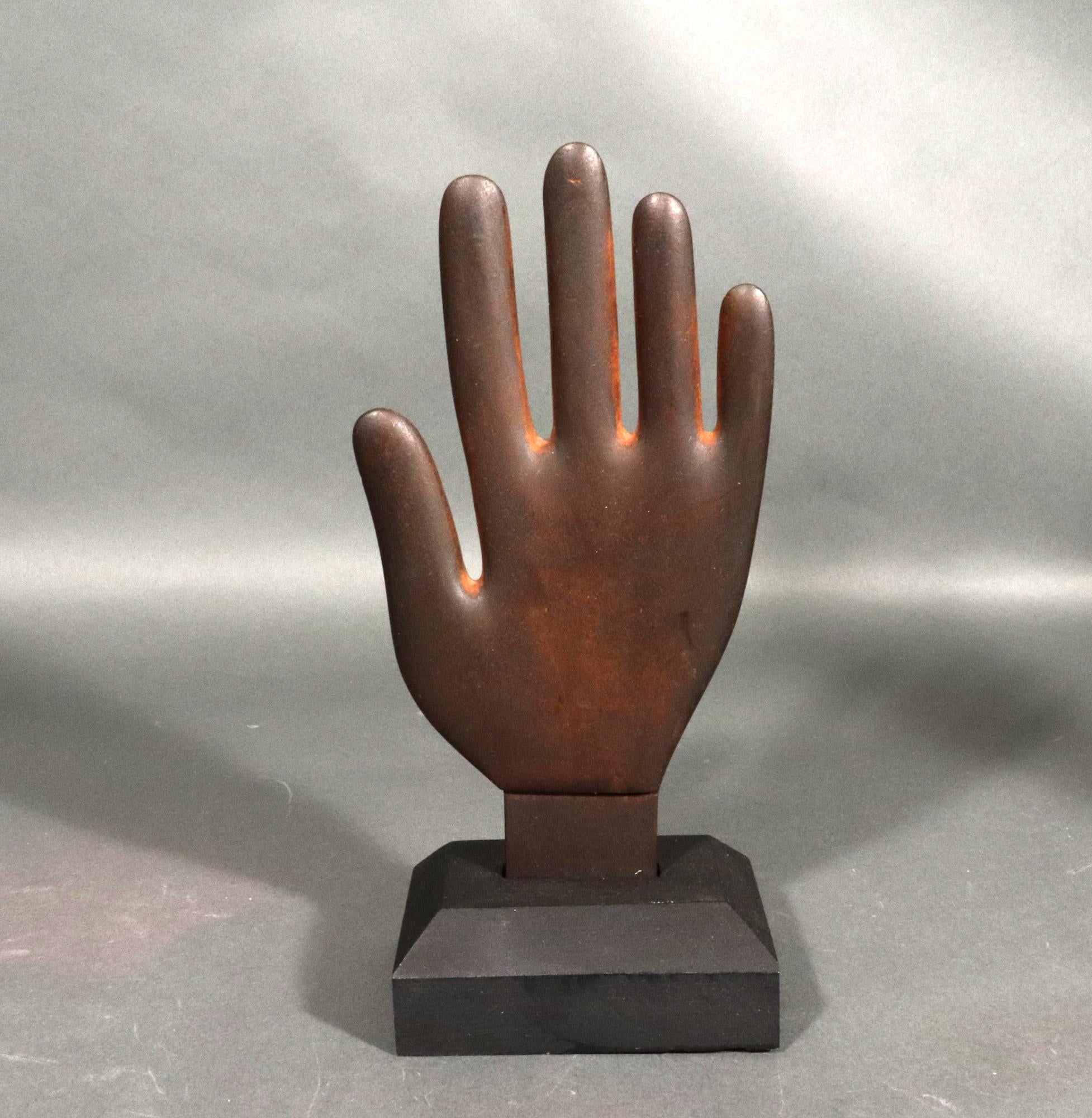 Folk Art Wooden Hand Glove Stretcher,
19th century

The wood model of a hand is mounted on a stepped wood base. The hand has a lovely aged color and is a great piece of folk art.

Dimensions: 10 inches x 5 1/2 inches x 1/2 inch. Base: 4 inches x 3
