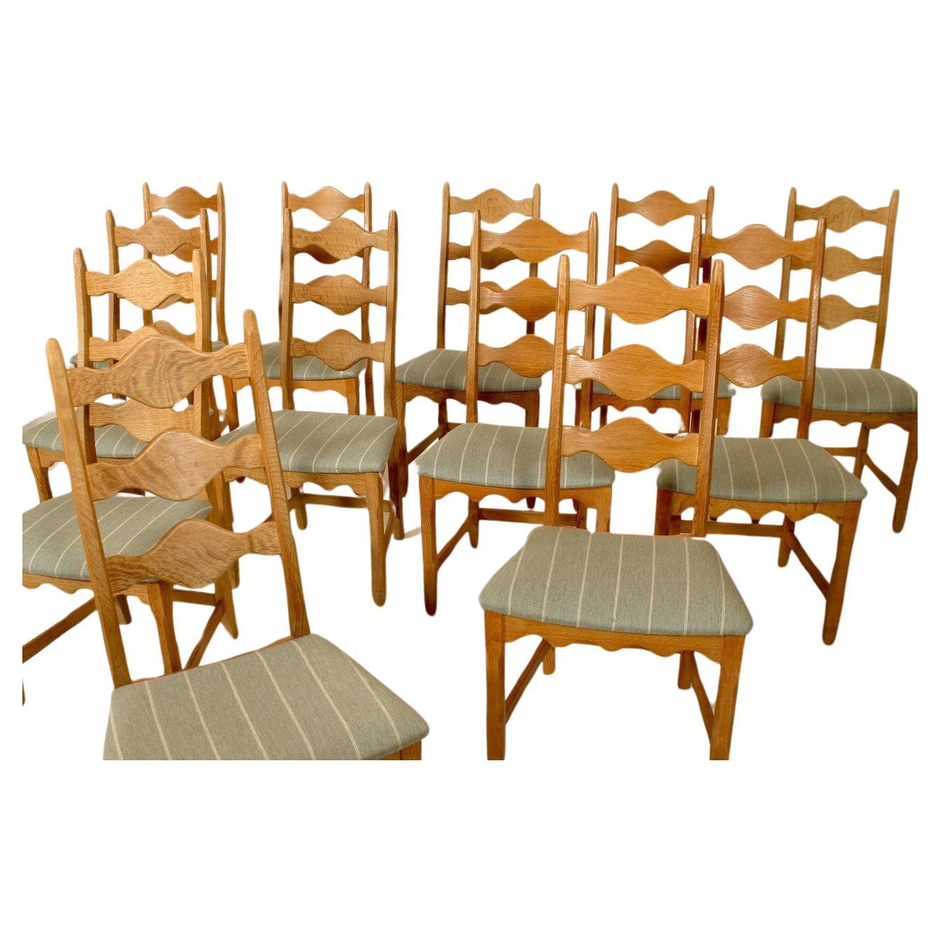 HENNING KJÆRNULF - CHAIR
Item Number: 14505
DESIGNER: Henning Kjærnulf
MANUFACTURER: Nyrup Møbelfabrik
MATERIALS: Oak
CONDITION: Good original condition
DIMENSIONS: W. 52 cm. H. 103 cm. D. 44 cm.

REMARKS:
Large set of 12 high back dining chairs in
