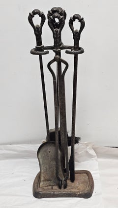 19th Century Forged and Hammered Iron Fireplace Tools Set with Stand