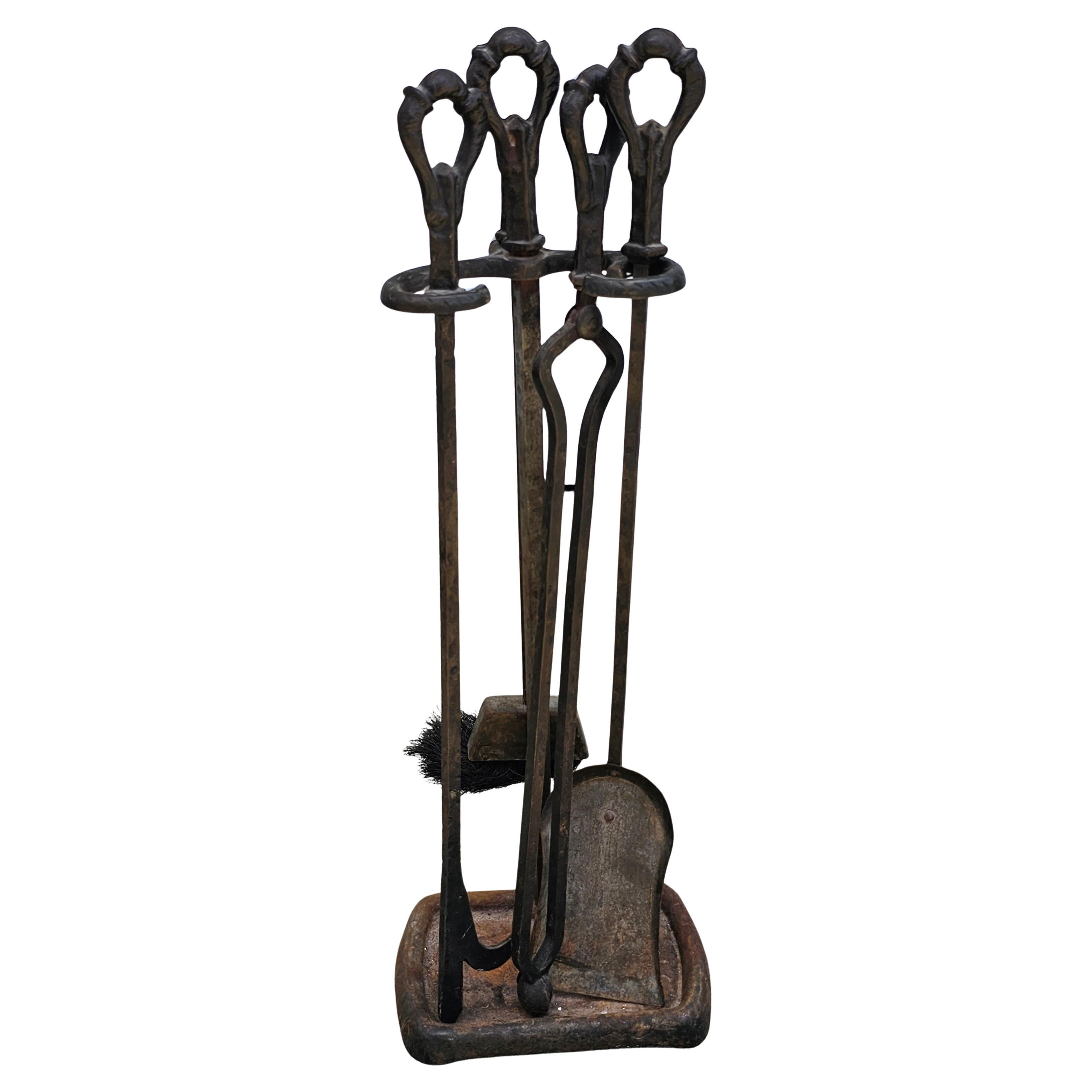 19th Century Forged and Hammered  Iron Fireplace Tools Set with Stand
