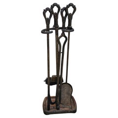 Antique 19th Century Forged and Hammered  Iron Fireplace Tools Set with Stand