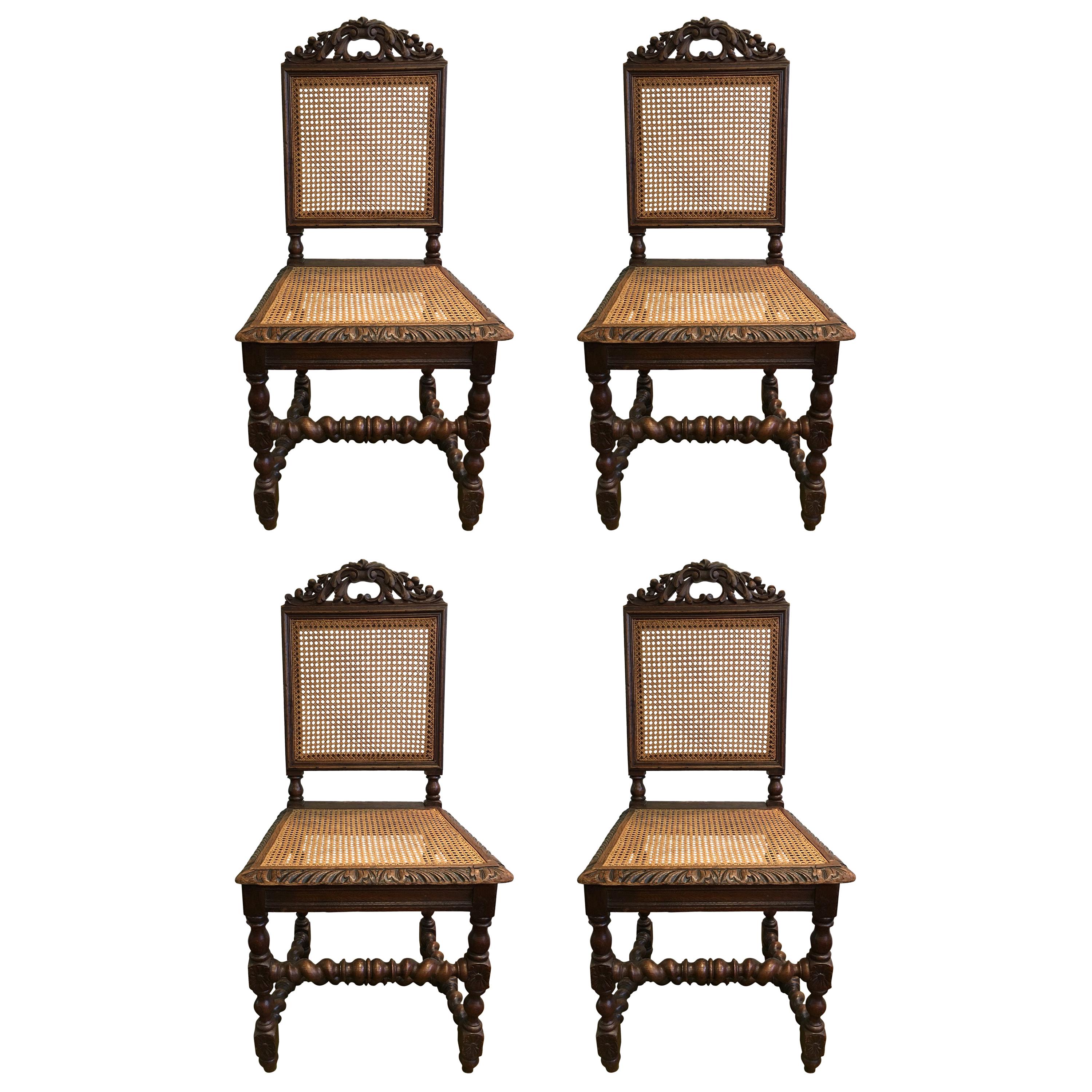 19th Century Four French Hand Carved Dining Chairs For Sale