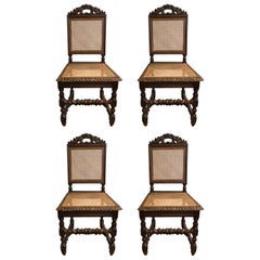 Antique 19th Century Four French Hand Carved Dining Chairs