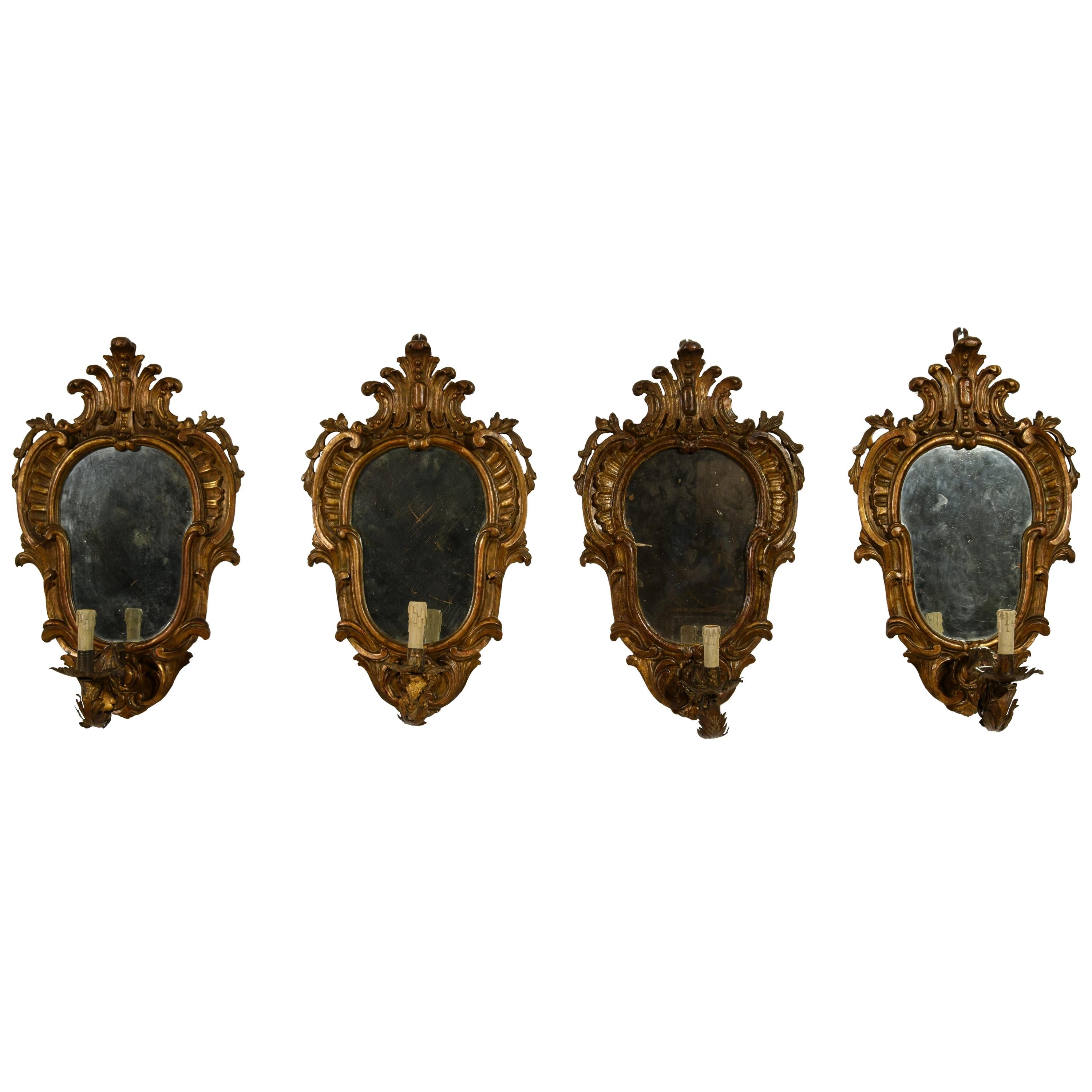 19th Century, Four Italian Carved Giltwood Louis XV Style Sconces
