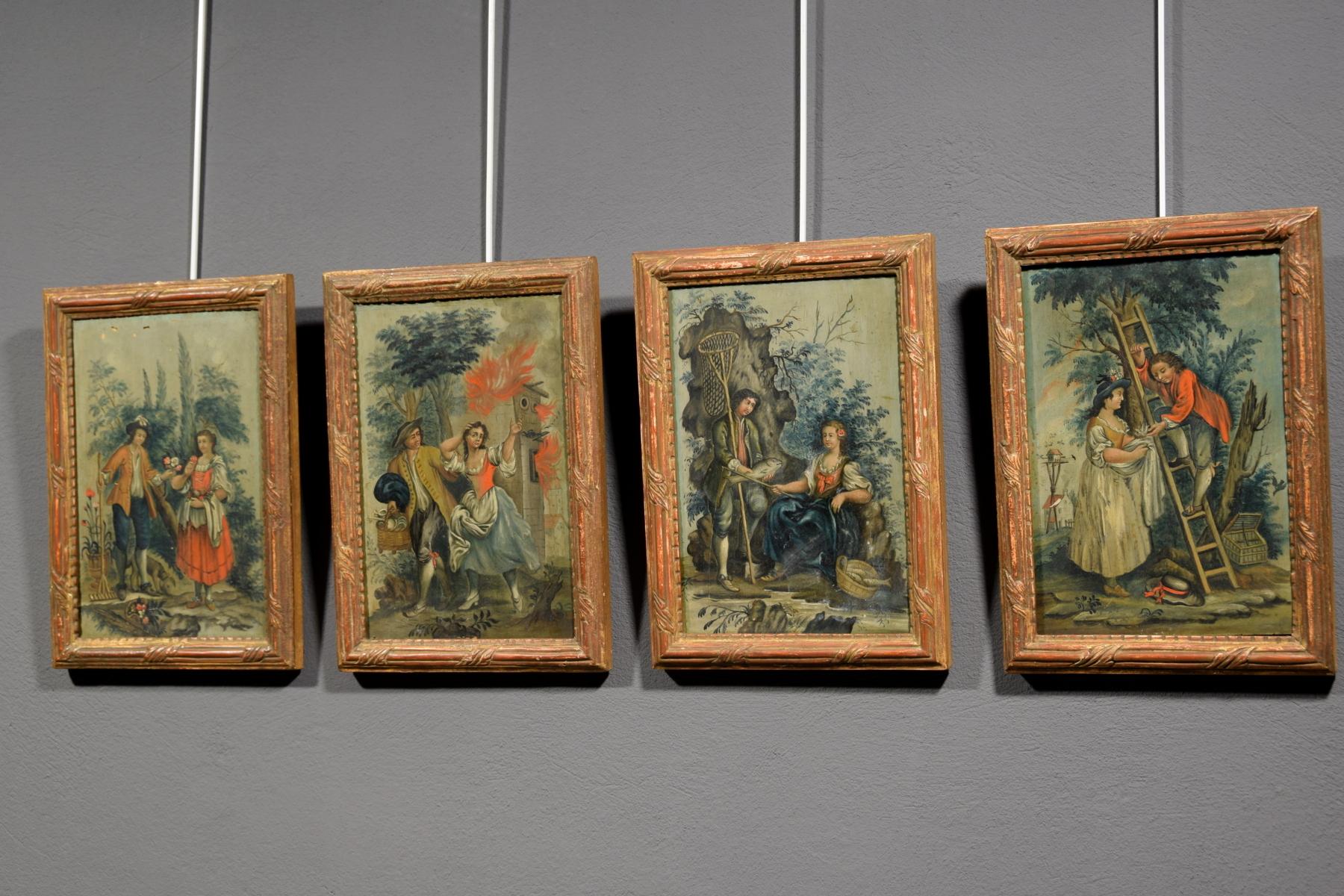 Rococo 19th Century Four Italian Oil on Panel with Allegory of the Four Elements For Sale