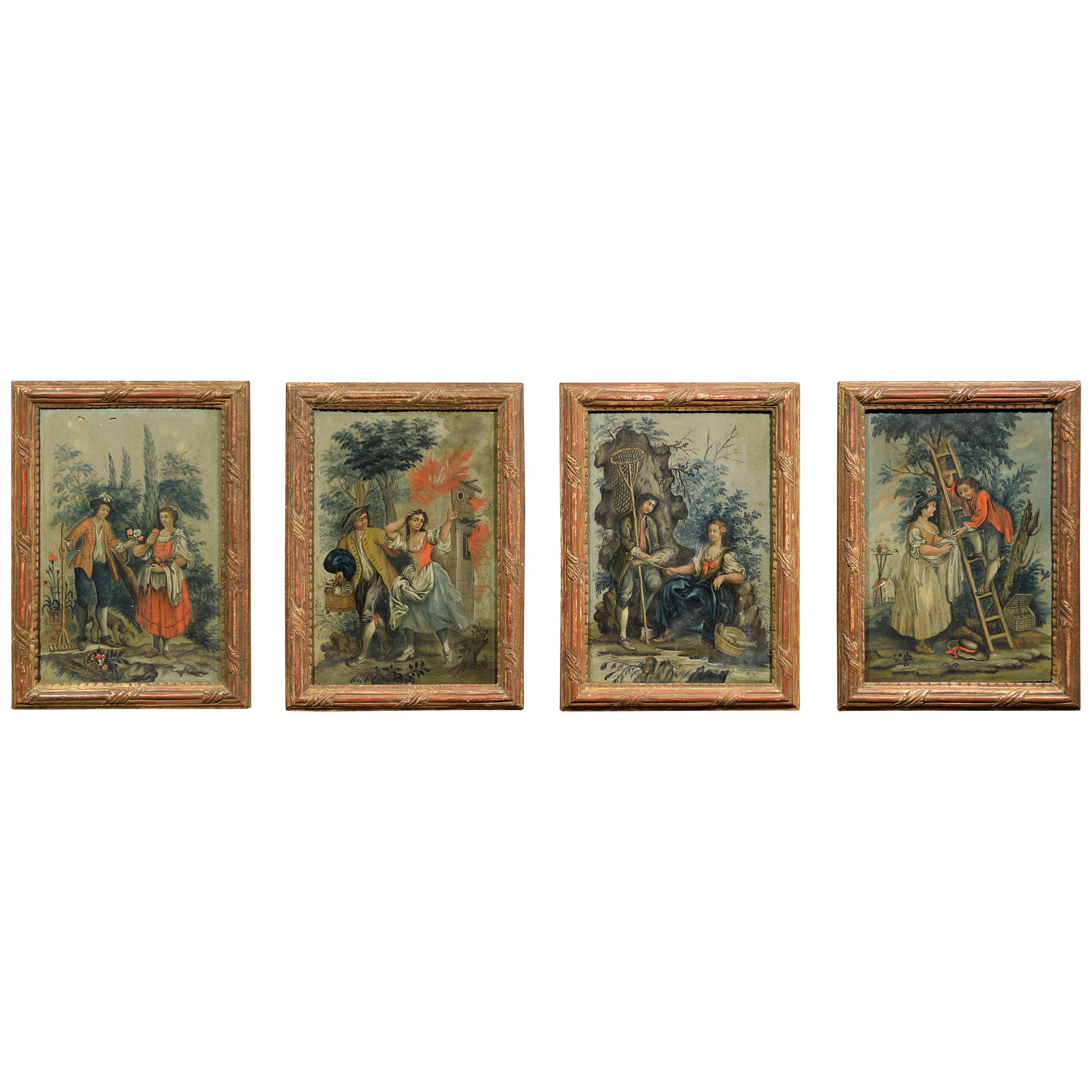 19th Century Four Italian Oil on Panel with Allegory of the Four Elements For Sale